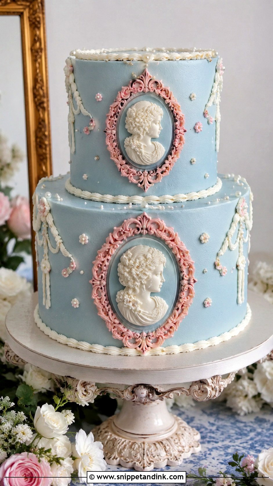 Pink And Blue Wedding Cake With Cameo Details - Snippet and Ink - 20 Pink and Blue Vintage Cake Ideas for Wedding