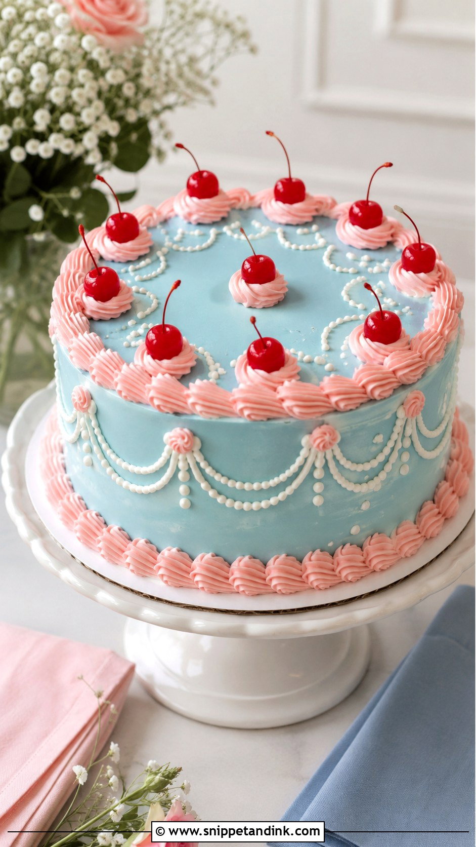 Pink And Blue Wedding Cake With Cherries - Snippet and Ink - 20 Pink and Blue Vintage Cake Ideas for Wedding