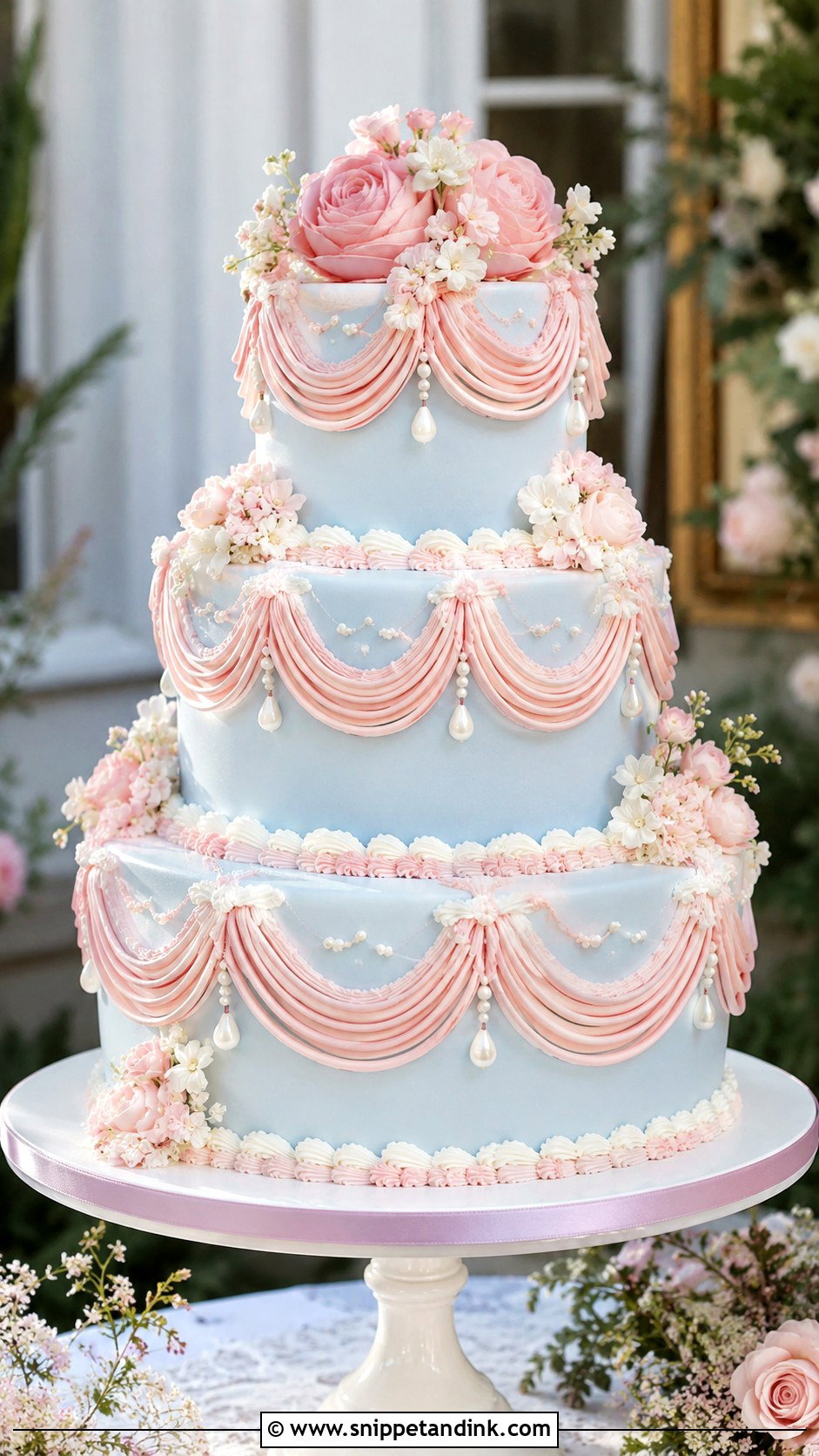 Pink And Blue Wedding Cake With Draped Piping - Snippet and Ink - 20 Pink and Blue Vintage Cake Ideas for Wedding