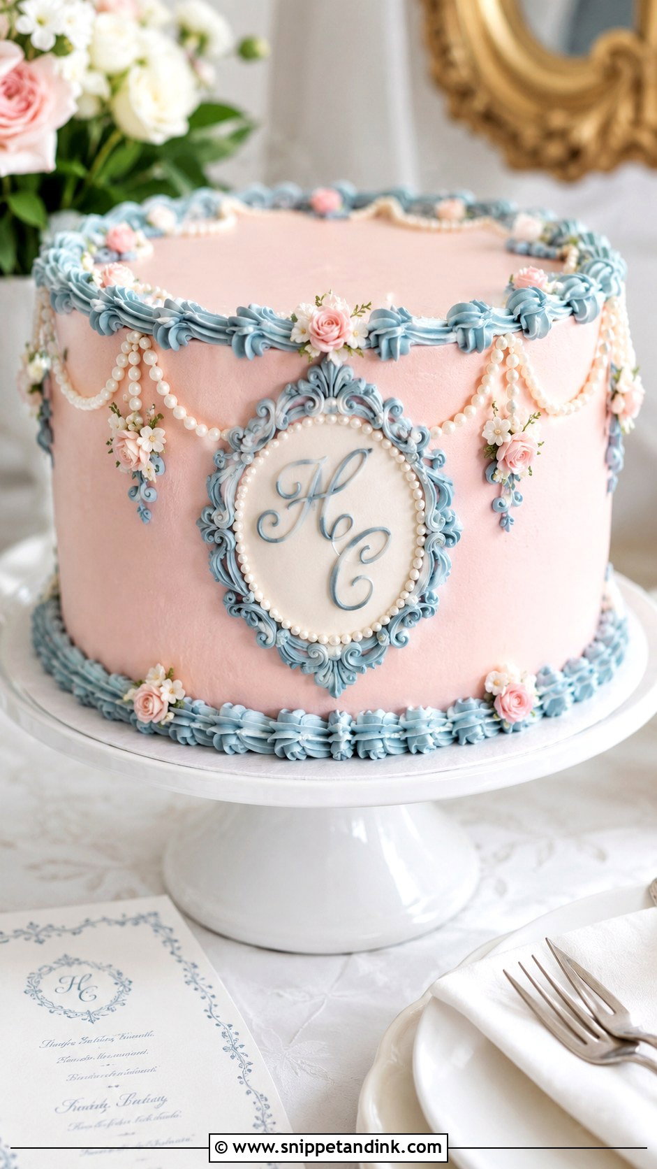 Pink And Blue Wedding Cake With Monogram - Snippet and Ink - 20 Pink and Blue Vintage Cake Ideas for Wedding