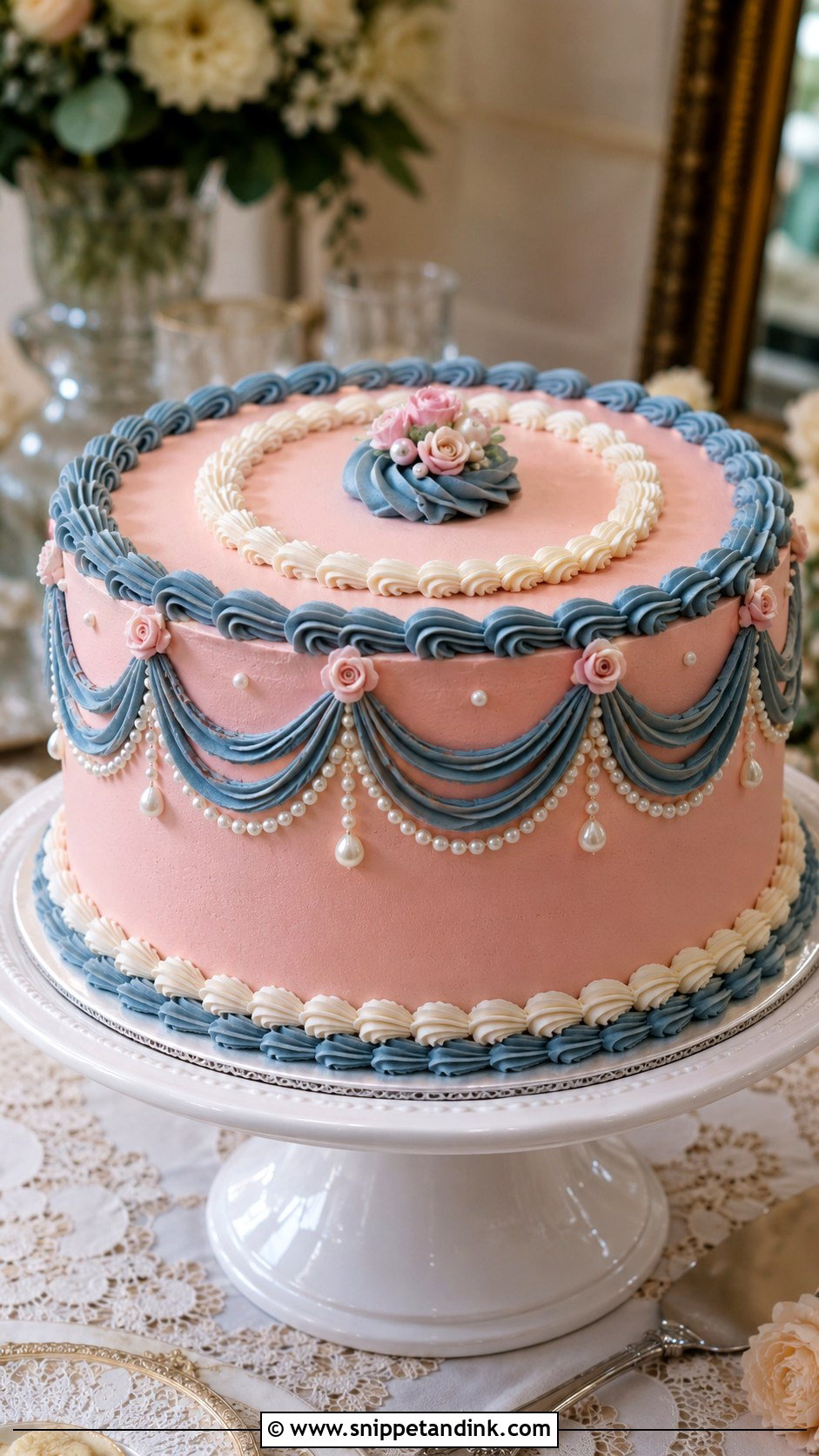 Pink And Blue Wedding Cake With Pearls - Snippet and Ink - 20 Pink and Blue Vintage Cake Ideas for Wedding