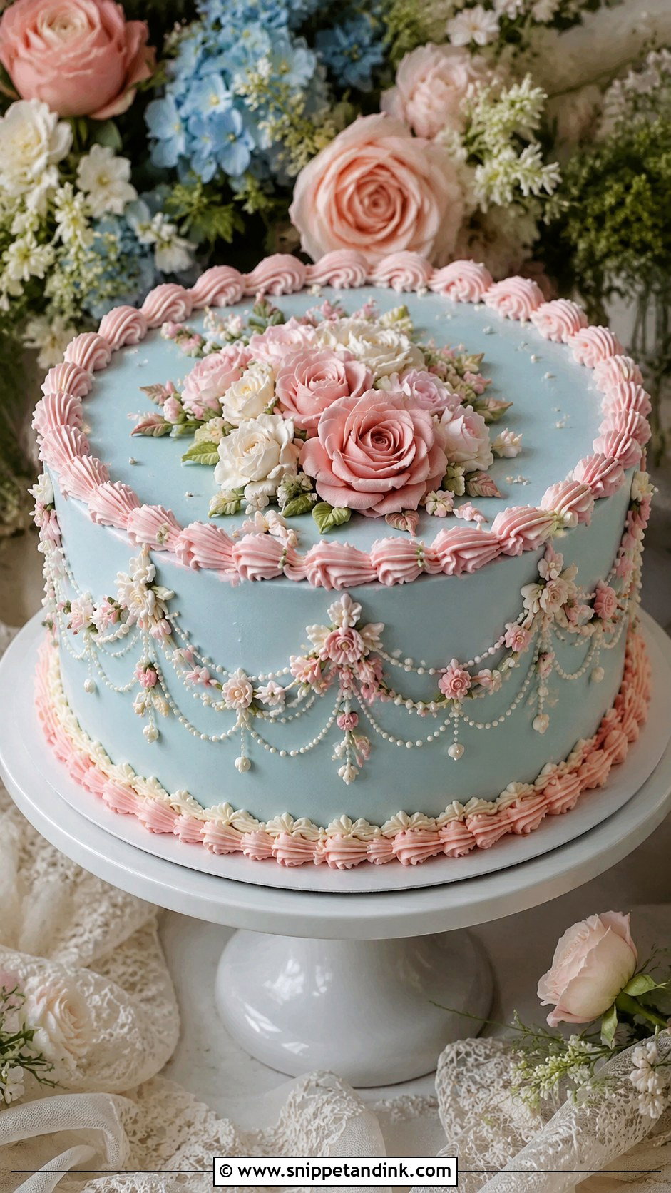 Pink And Blue Wedding Cake With Piped Flowers - Snippet and Ink - 20 Pink and Blue Vintage Cake Ideas for Wedding