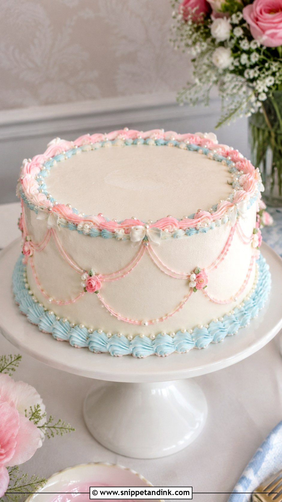 Pink And Blue Wedding Cake With Scalloped Borders - Snippet and Ink - 20 Pink and Blue Vintage Cake Ideas for Wedding