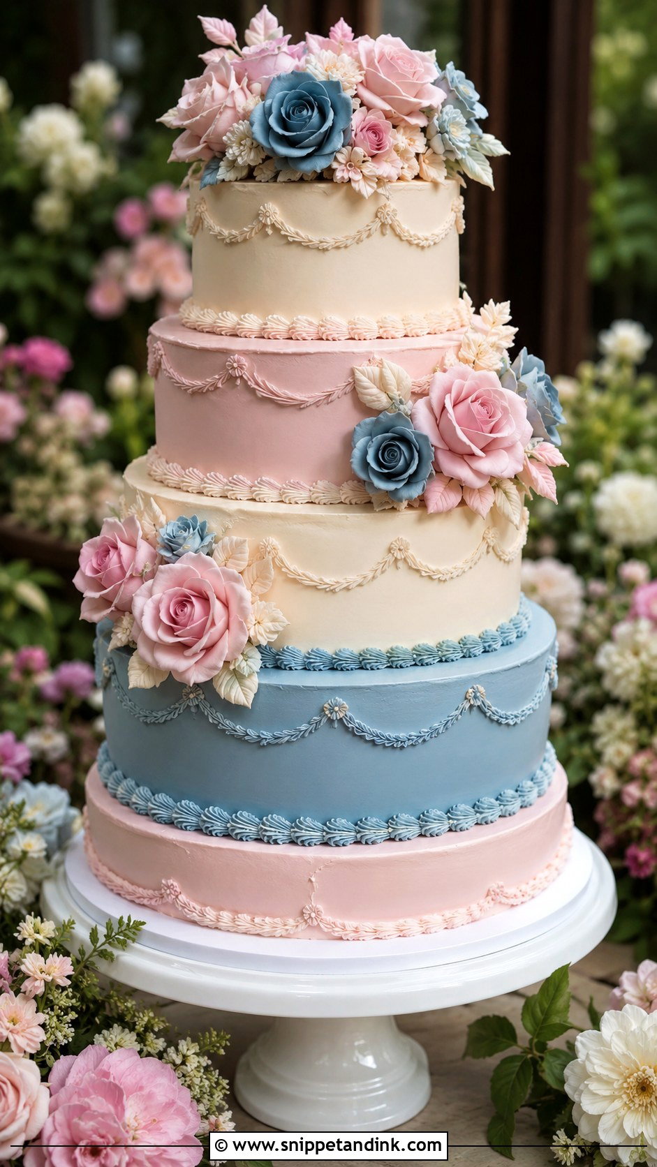 Pink And Blue Wedding Cake With Sugar Roses - Snippet and Ink - 20 Pink and Blue Vintage Cake Ideas for Wedding