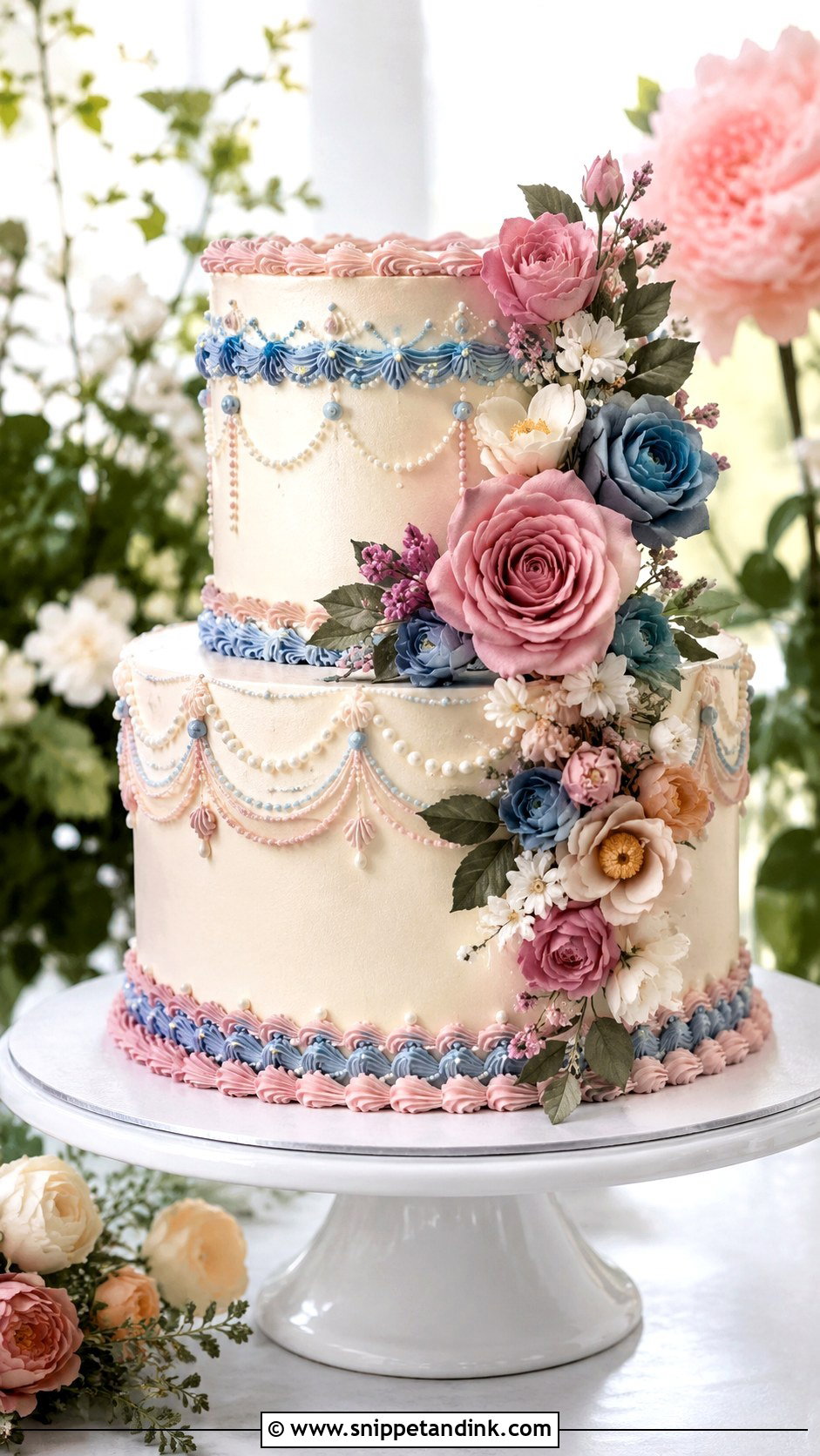Pink And Blue Wedding Cake With Vintage Florals - Snippet and Ink - 20 Pink and Blue Vintage Cake Ideas for Wedding