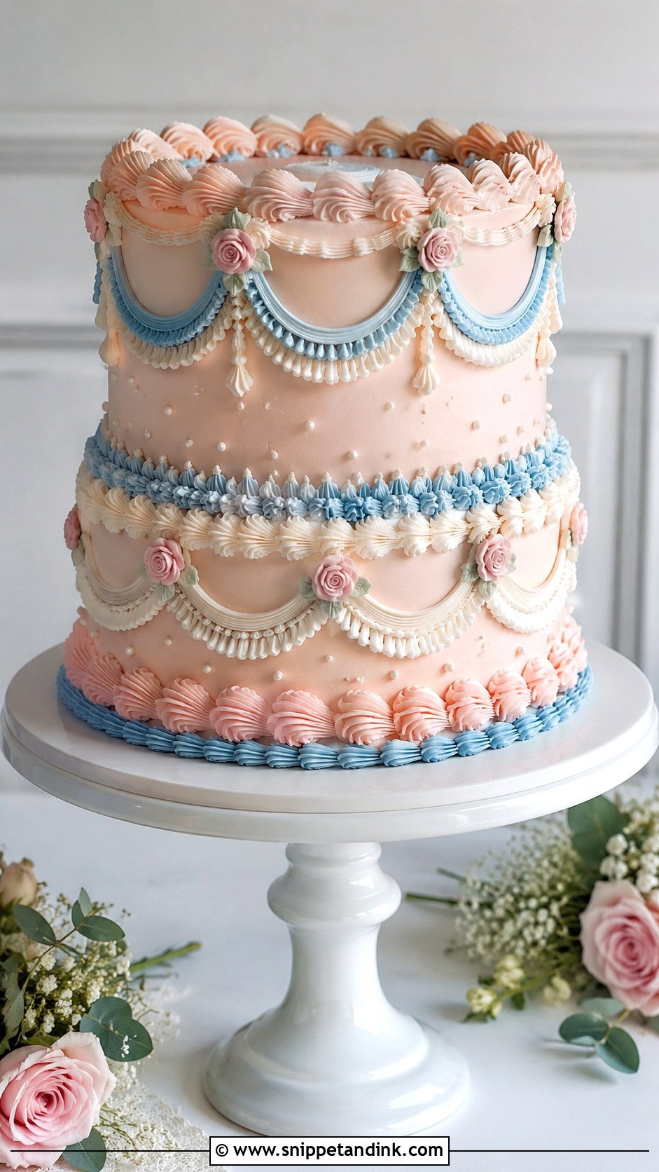 Pink And Blue Wedding Cake With Vintage Piping - Snippet and Ink - 20 Pink and Blue Vintage Cake Ideas for Wedding