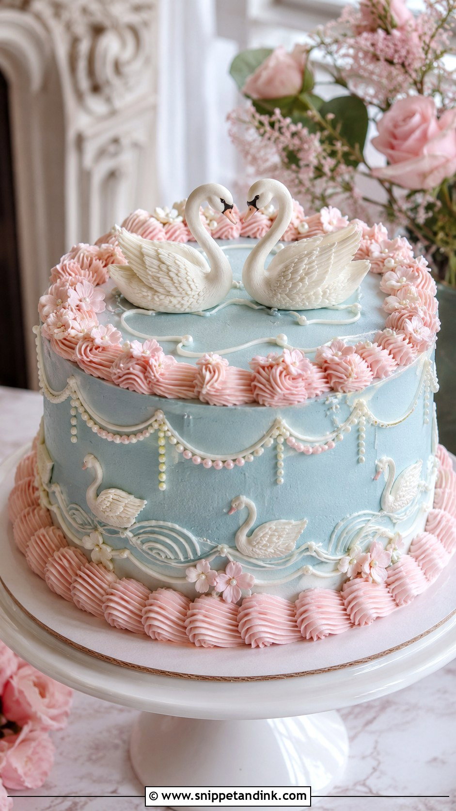 Pink And Blue Wedding Cake With Vintage Swans - Snippet and Ink - 20 Pink and Blue Vintage Cake Ideas for Wedding