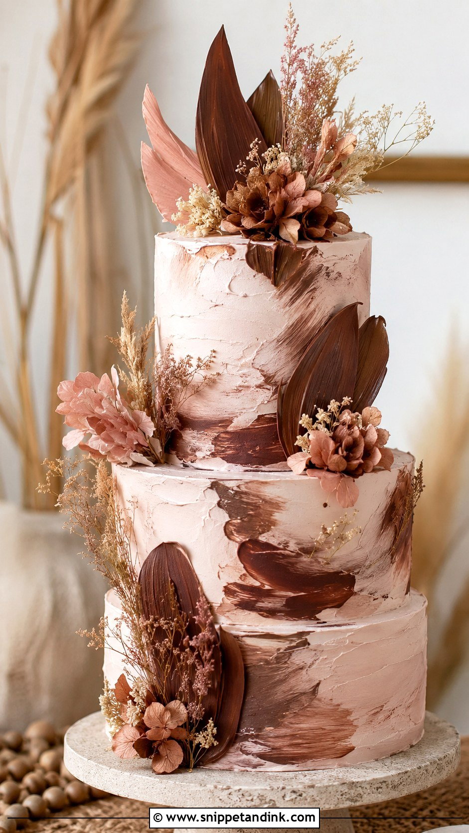 Pink And Brown Boho Wedding Cake - Snippet and Ink - 20 Pink and Brown Wedding Cake Ideas