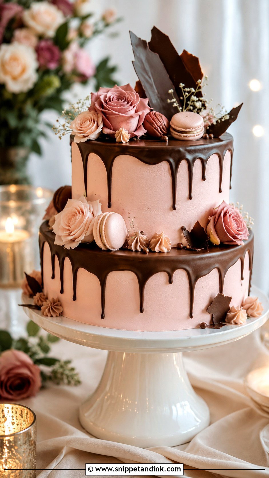 Pink And Brown Chocolate Drip Wedding Cake - Snippet and Ink - 20 Pink and Brown Wedding Cake Ideas