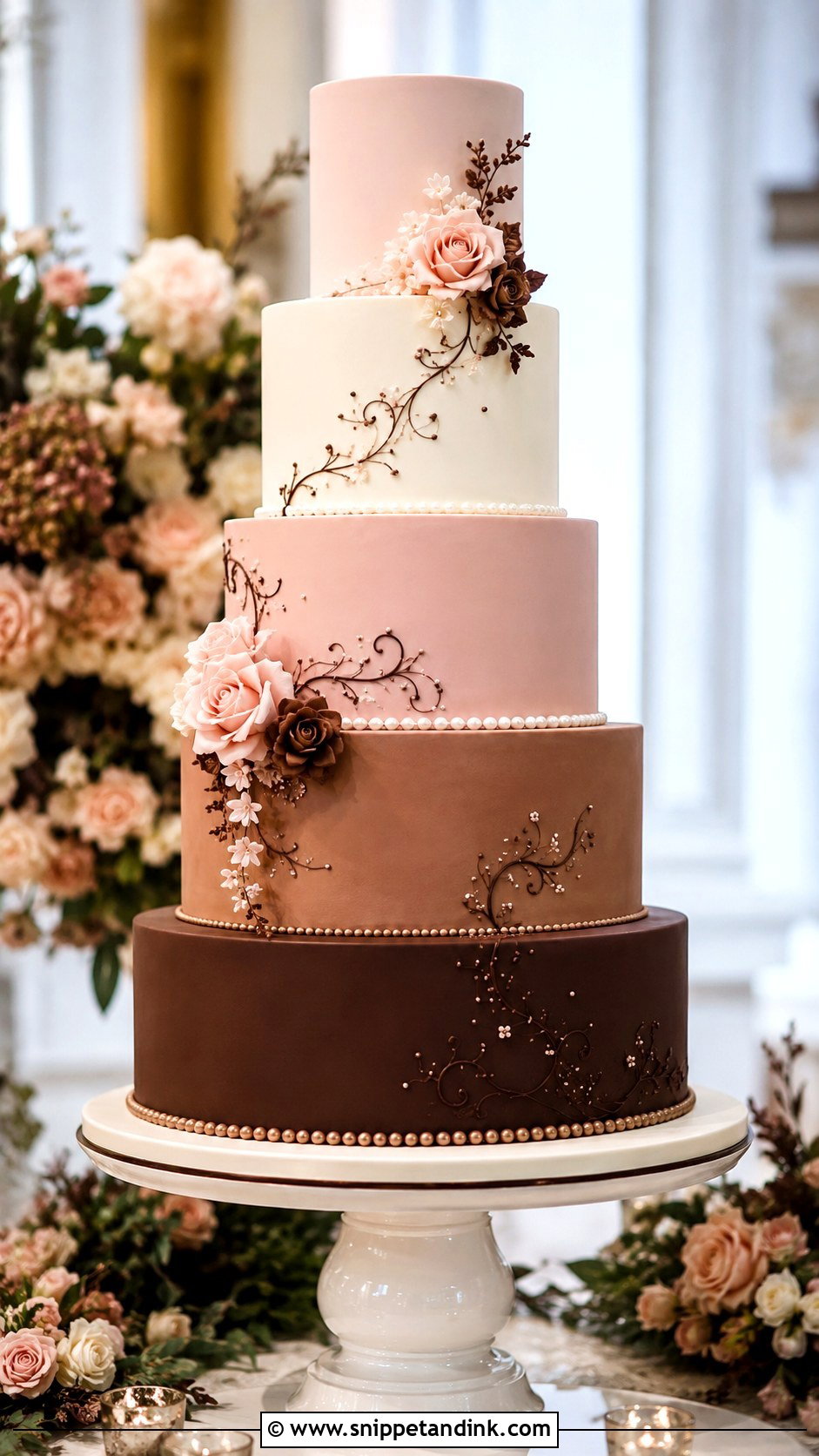 Pink And Brown Elegant Wedding Cake - Snippet and Ink - 20 Pink and Brown Wedding Cake Ideas