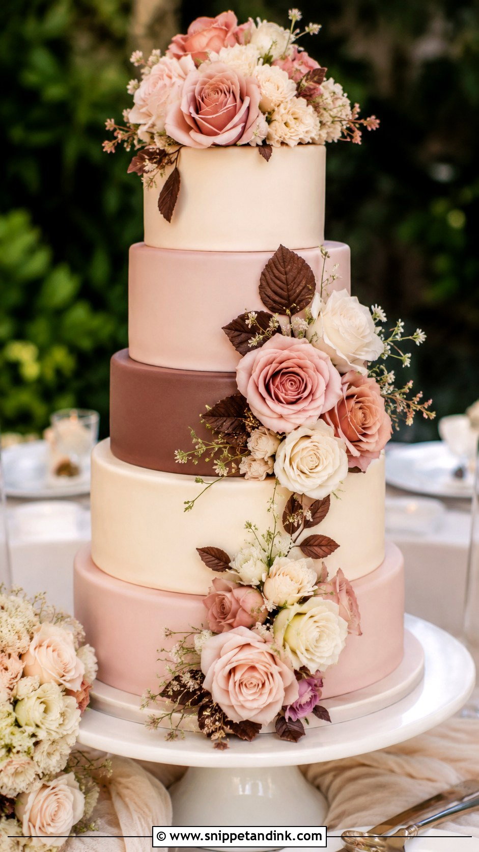 Pink And Brown Floral Wedding Cake - Snippet and Ink - 20 Pink and Brown Wedding Cake Ideas