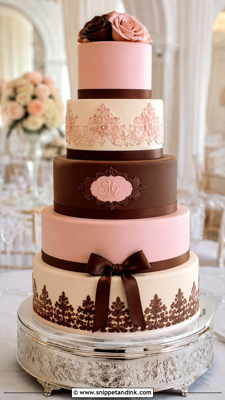 Pink And Brown Fondant Wedding Cake - Snippet and Ink - 20 Pink and Brown Wedding Cake Ideas