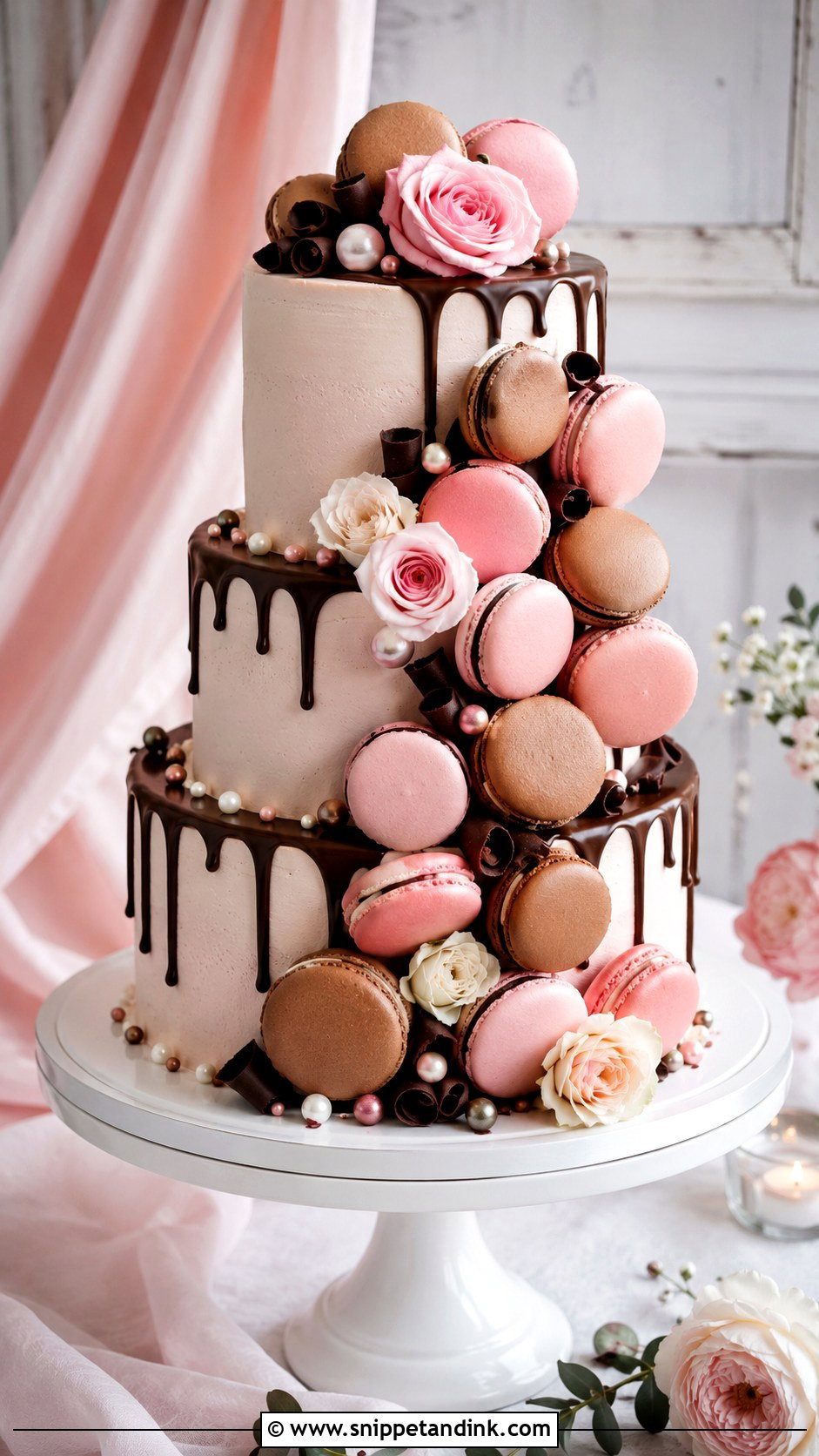 Pink And Brown Macaron Wedding Cake - Snippet and Ink - 20 Pink and Brown Wedding Cake Ideas