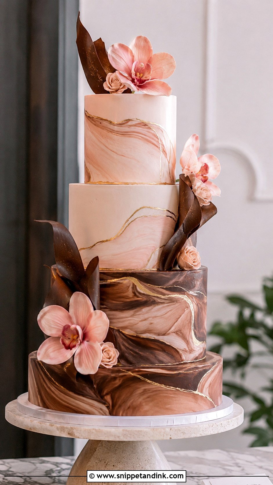 Pink And Brown Marble Wedding Cake - Snippet and Ink - 20 Pink and Brown Wedding Cake Ideas