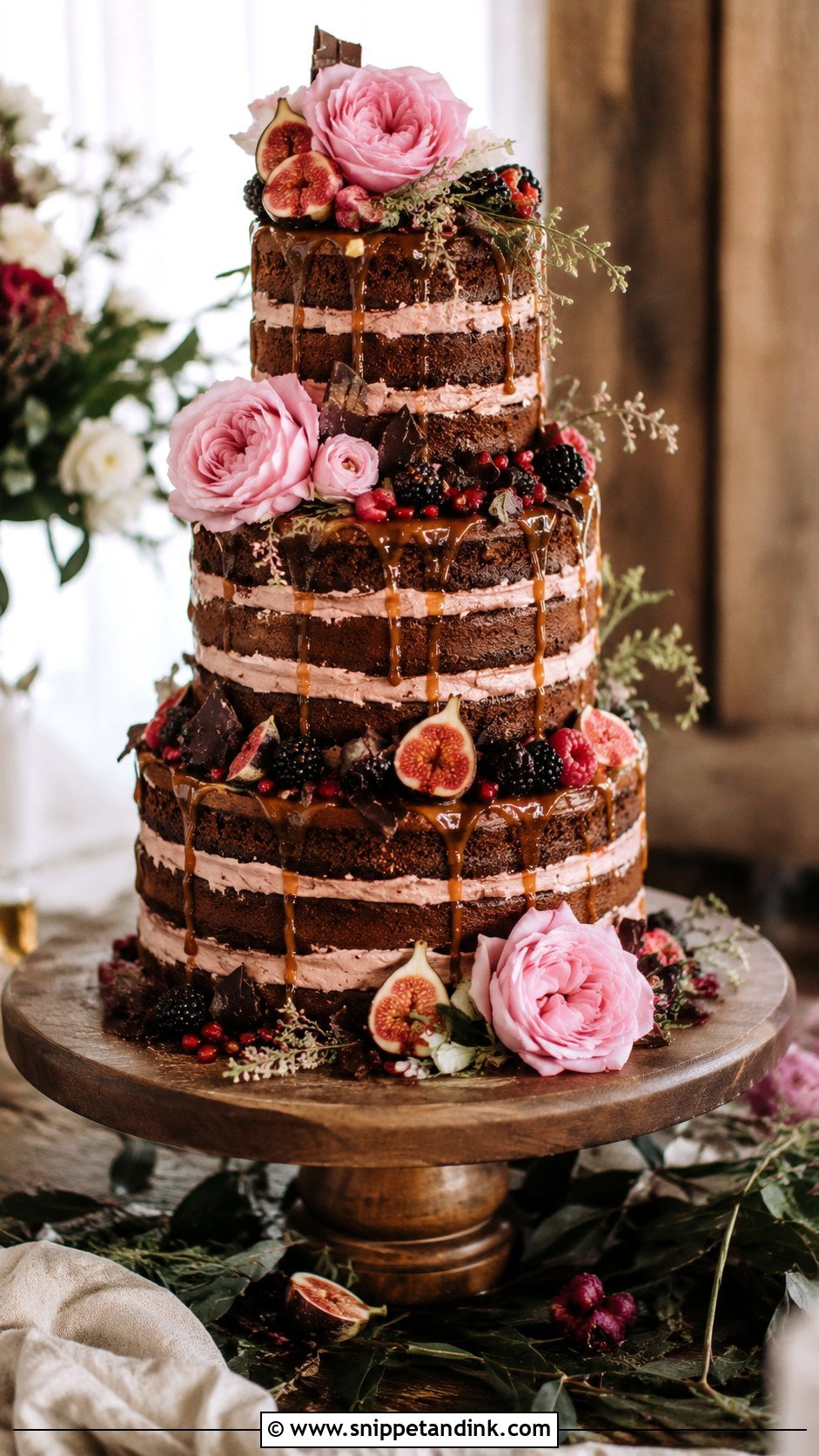 Pink And Brown Naked Wedding Cake - Snippet and Ink - 20 Pink and Brown Wedding Cake Ideas