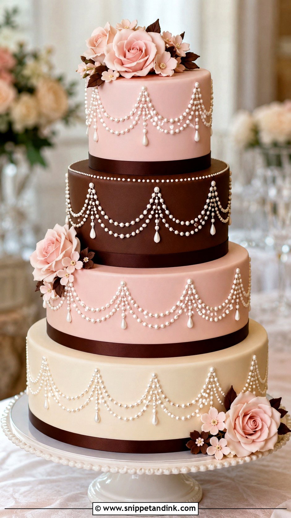 Pink And Brown Pearl Wedding Cake - Snippet and Ink - 20 Pink and Brown Wedding Cake Ideas