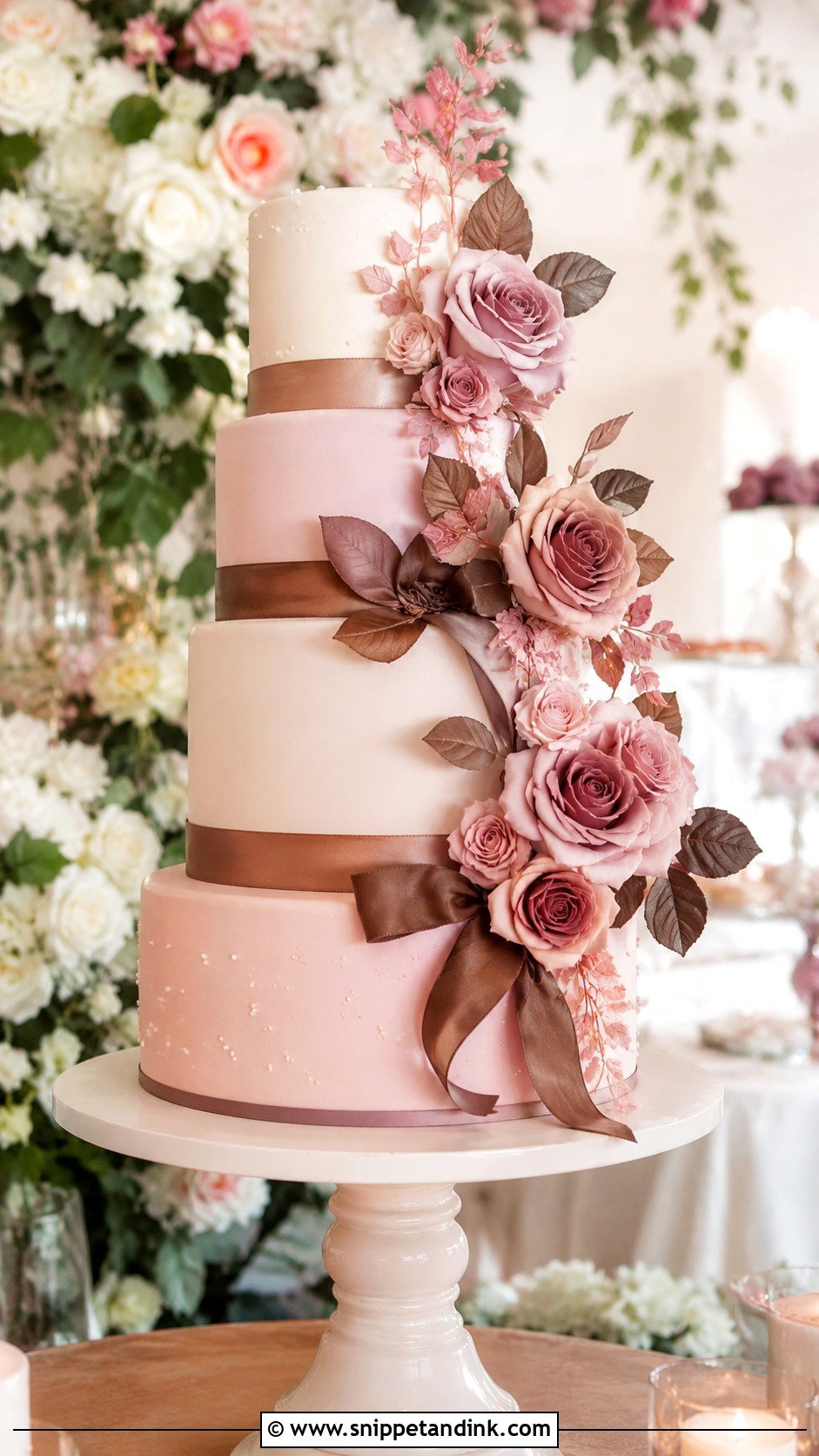 Pink And Brown Rose Wedding Cake - Snippet and Ink - 20 Pink and Brown Wedding Cake Ideas