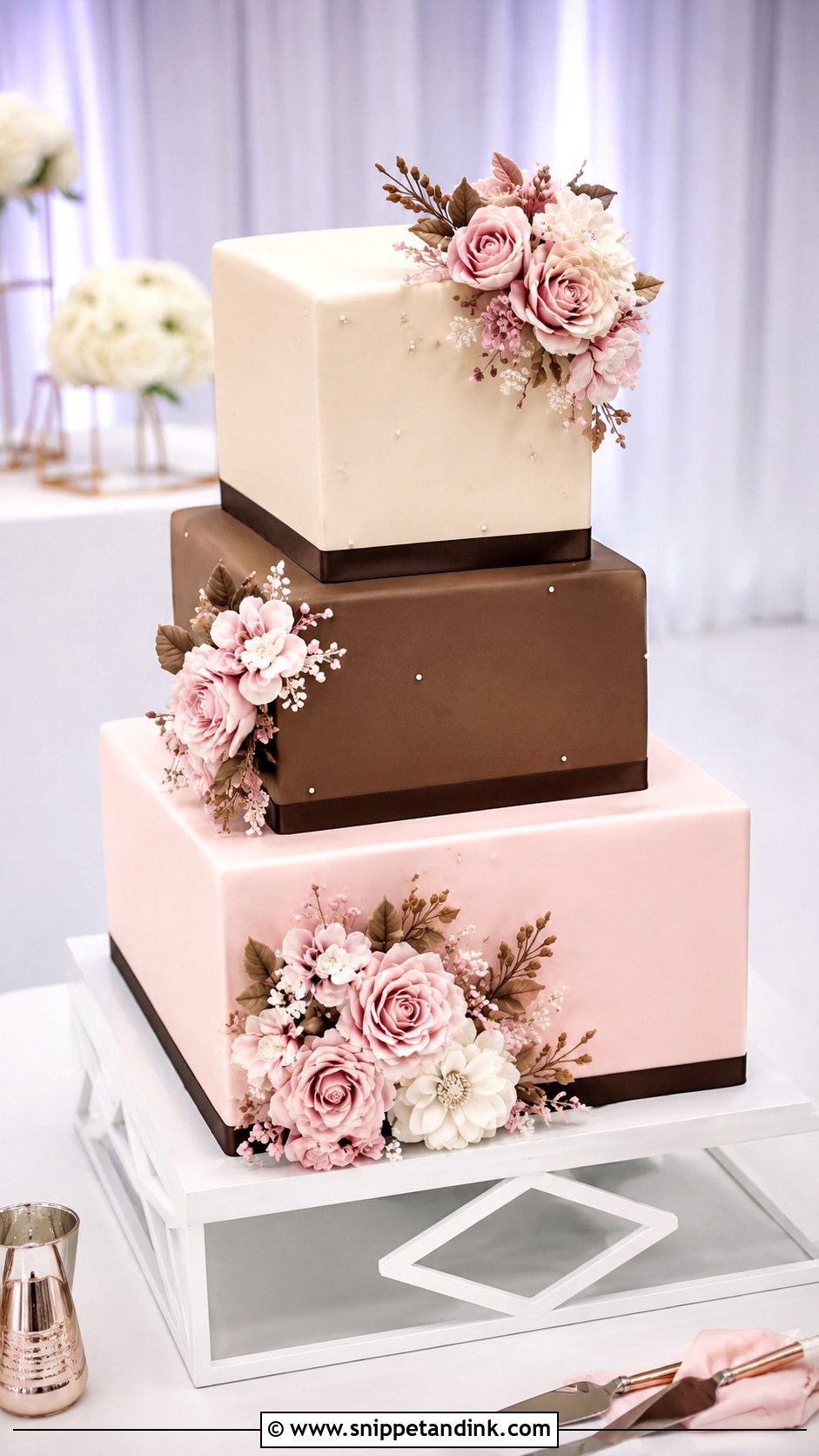 Pink And Brown Square Wedding Cake - Snippet and Ink - 20 Pink and Brown Wedding Cake Ideas
