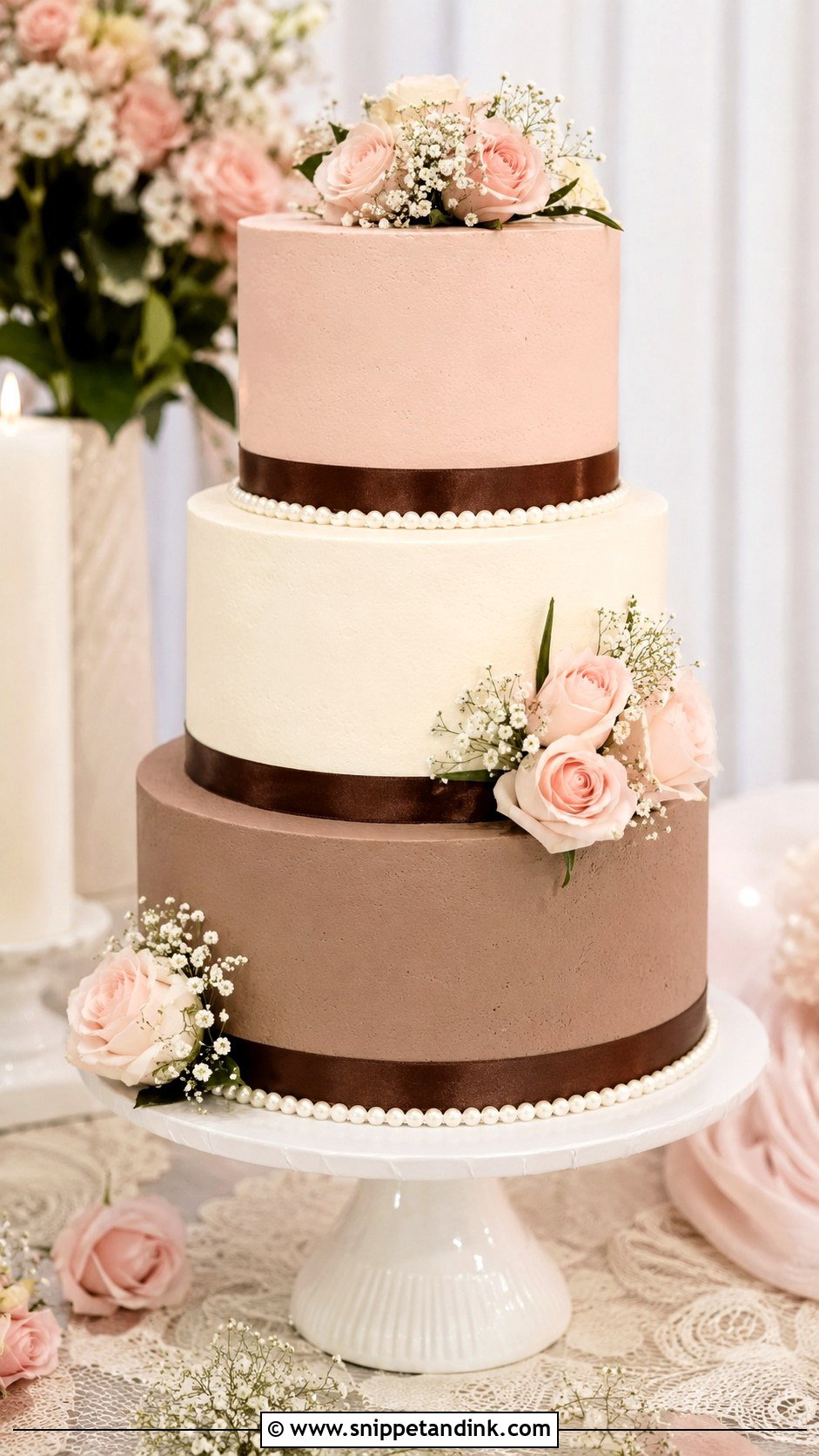 Pink And Brown Tiered Wedding Cake - Snippet and Ink - 20 Pink and Brown Wedding Cake Ideas