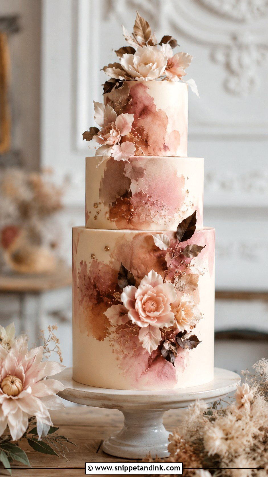 Pink And Brown Watercolor Wedding Cake - Snippet and Ink - 20 Pink and Brown Wedding Cake Ideas
