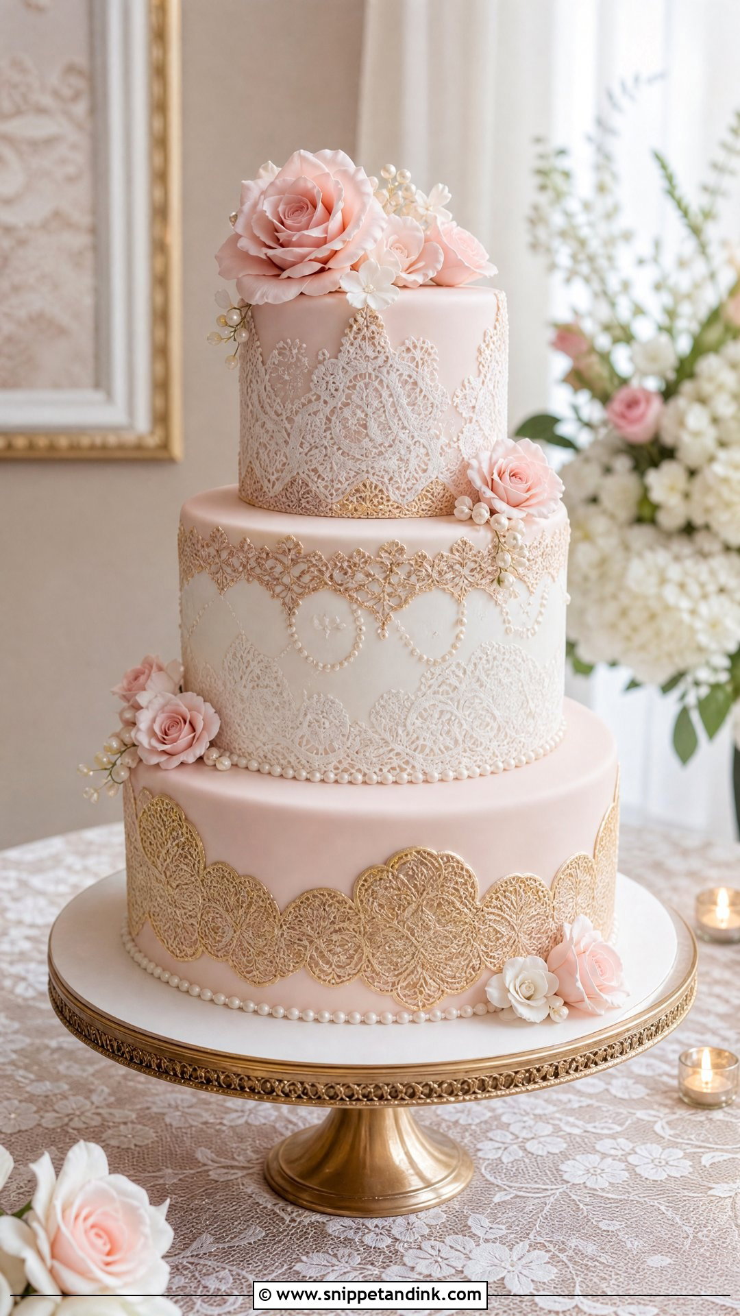 Pink And Gold Lace Wedding Cake - Snippet and Ink - 20 Pink and Gold Cakes for Wedding