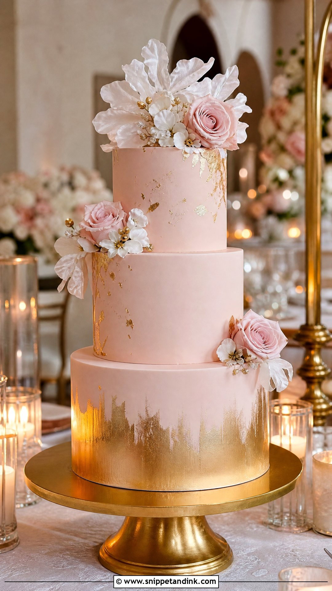 Pink And Gold Wedding Cake - Snippet and Ink - 20 Pink Wedding Cake Ideas
