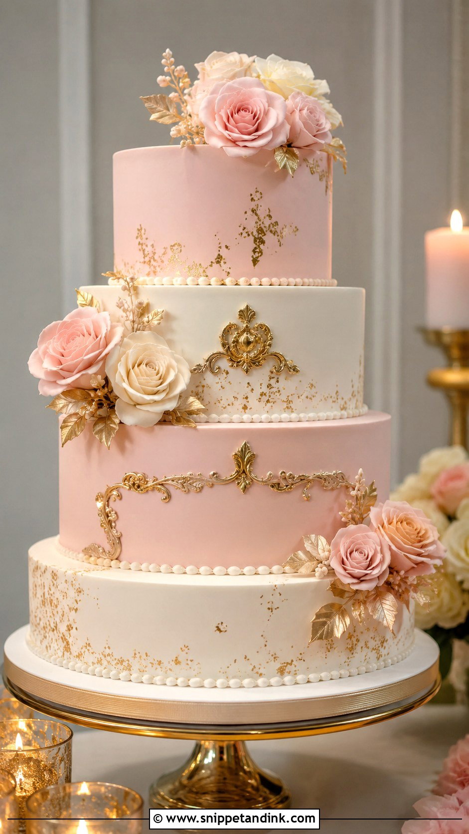 Pink And Gold Wedding Cake - Snippet and Ink - 20 Wedding Cake Ideas with Pink Accents