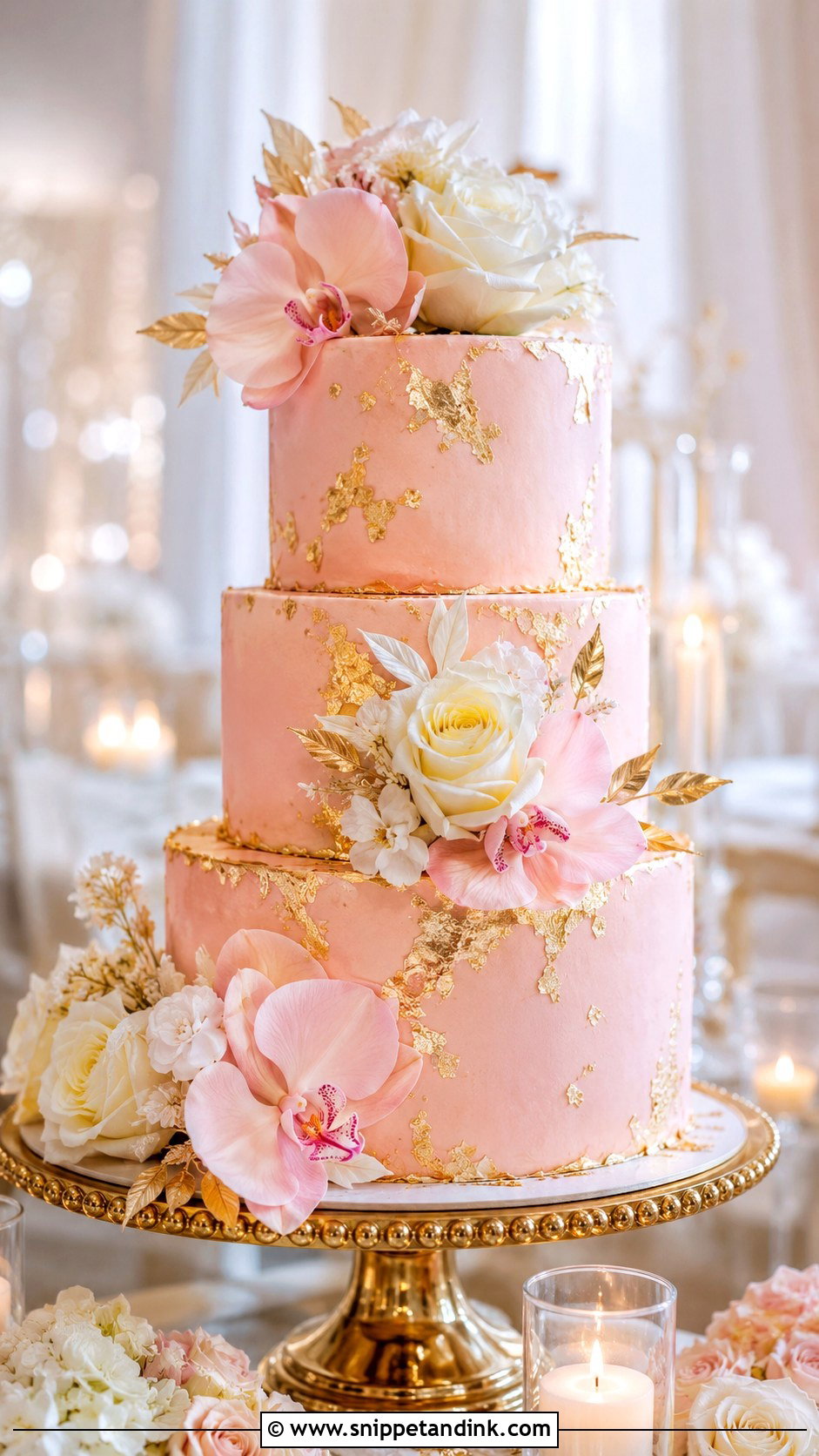 Pink And Gold Wedding Cake - Snippet and Ink - 25 Pink Themed Wedding Cake Ideas