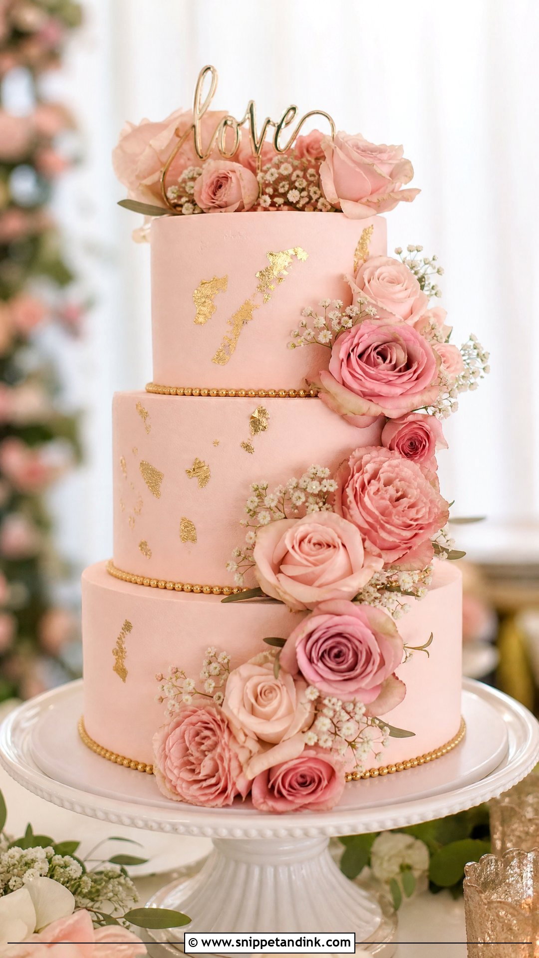 Pink And Gold Wedding Cake With Roses - Snippet and Ink - 20 Pink and Gold Cakes for Wedding