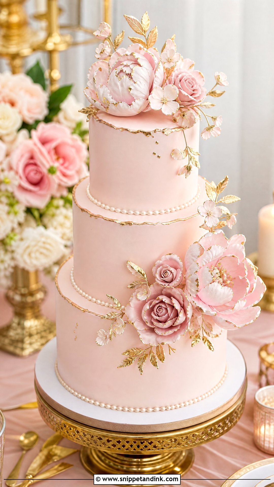 Pink And Gold Wedding Cake With Sugar Flowers - Snippet and Ink - 20 Pink and Gold Cakes for Wedding