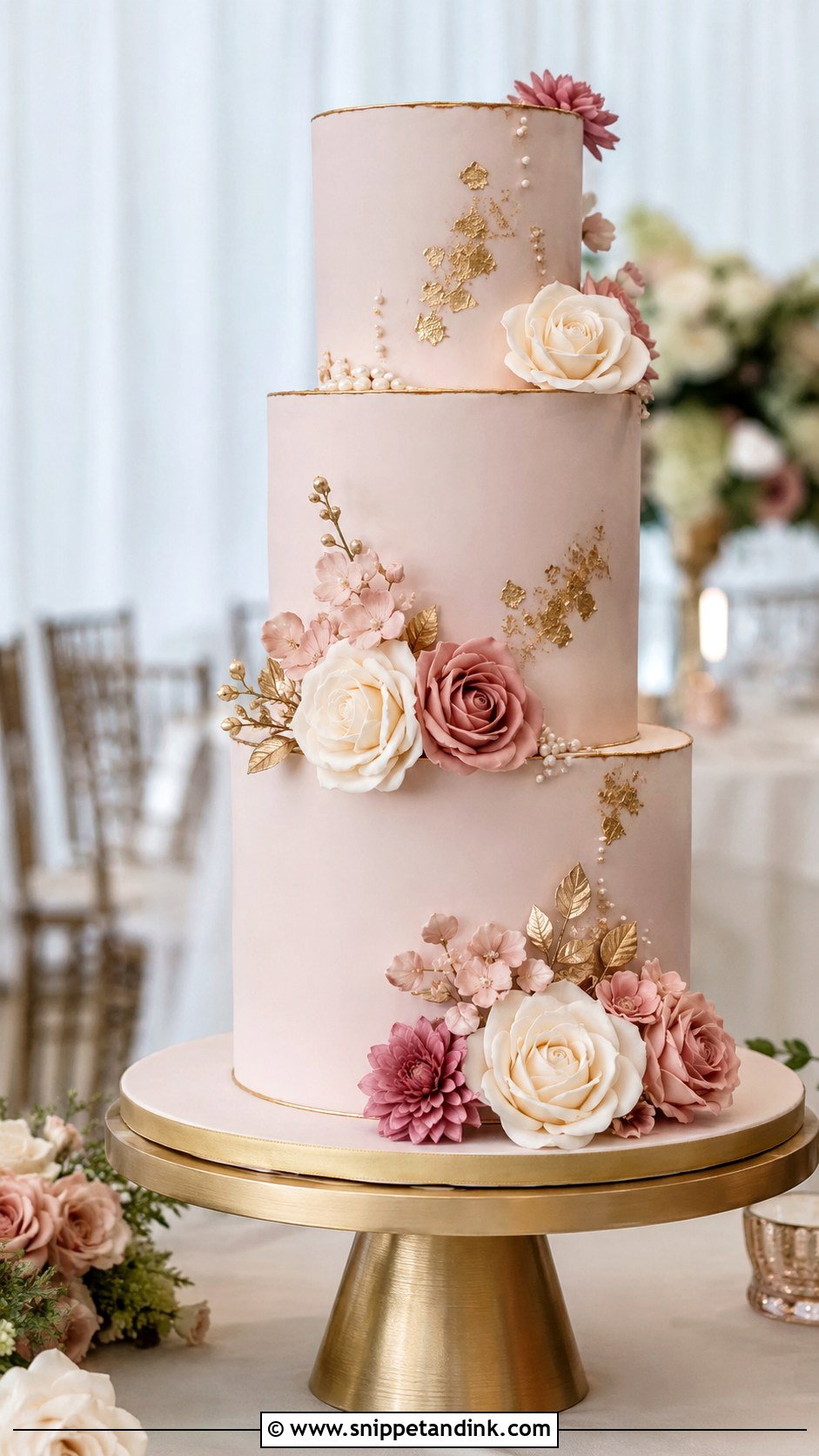 Pink And Gold Wedding Cake - Snippet and Ink - 20 Elegant Pink Wedding Cake Ideas