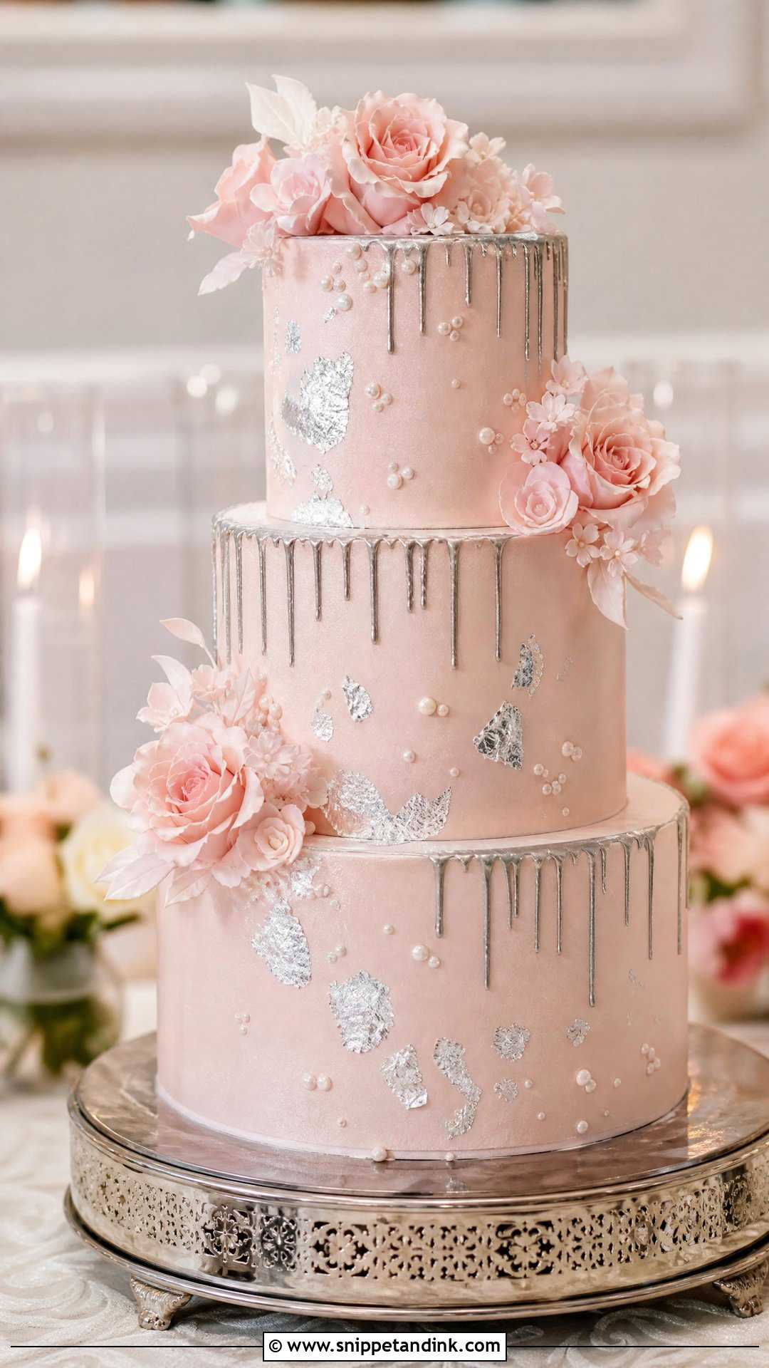 Pink And Silver Champagne Wedding Cake - Snippet and Ink - 20 Pink and Silver Cake Ideas for Wedding