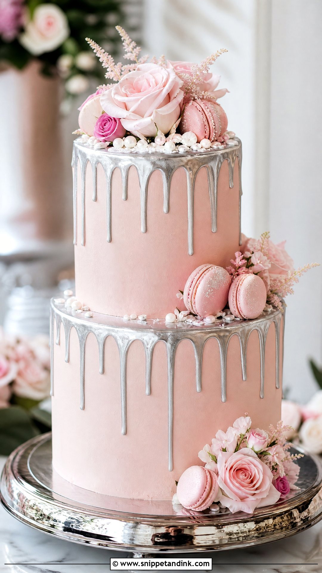 Pink And Silver Drip Wedding Cake - Snippet and Ink - 20 Pink and Silver Cake Ideas for Wedding