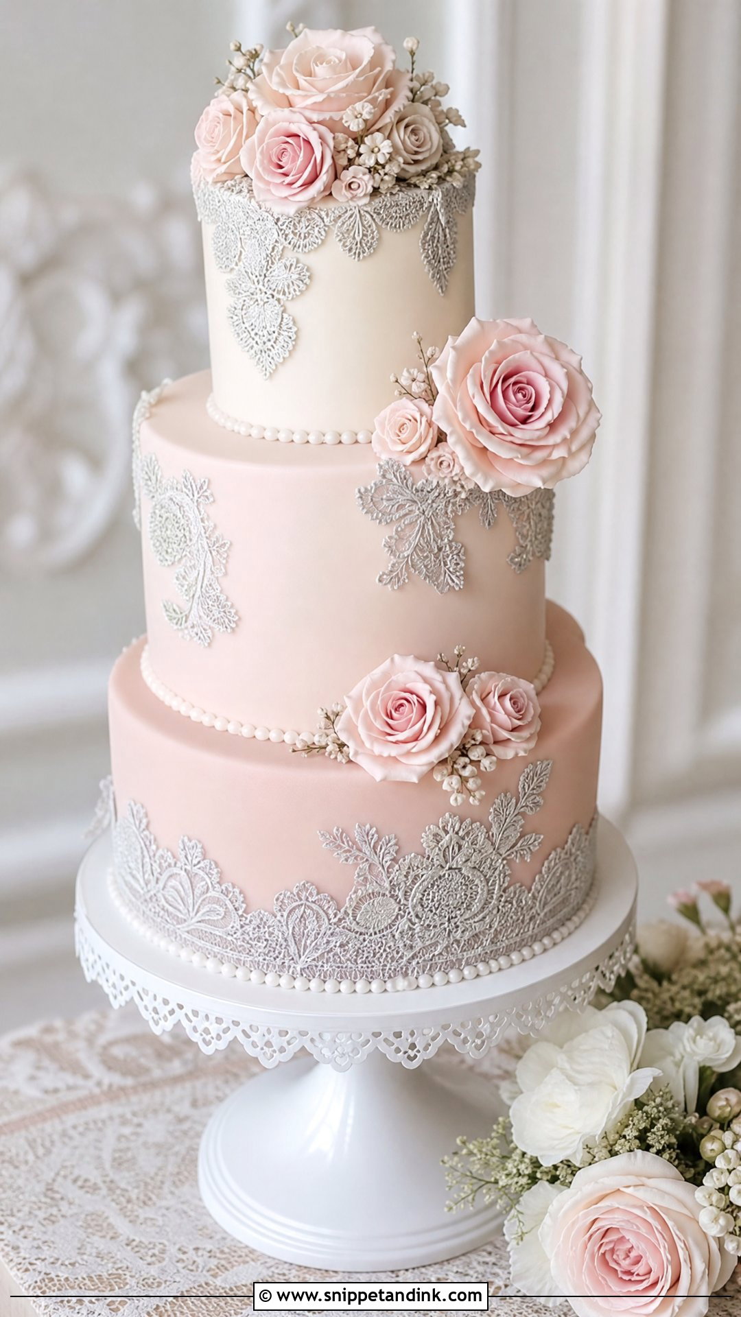 Pink And Silver Lace Wedding Cake - Snippet and Ink - 20 Pink and Silver Cake Ideas for Wedding