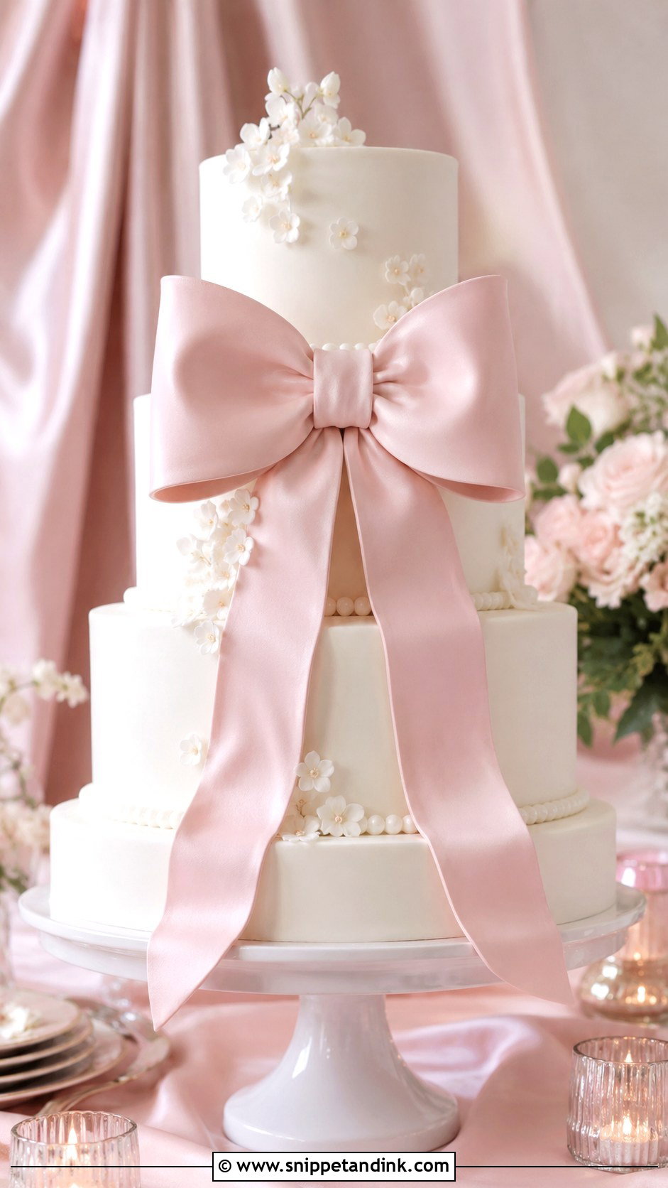 Pink And White Bow Wedding Cake - Snippet and Ink - 20 Pink and White Wedding Cakes