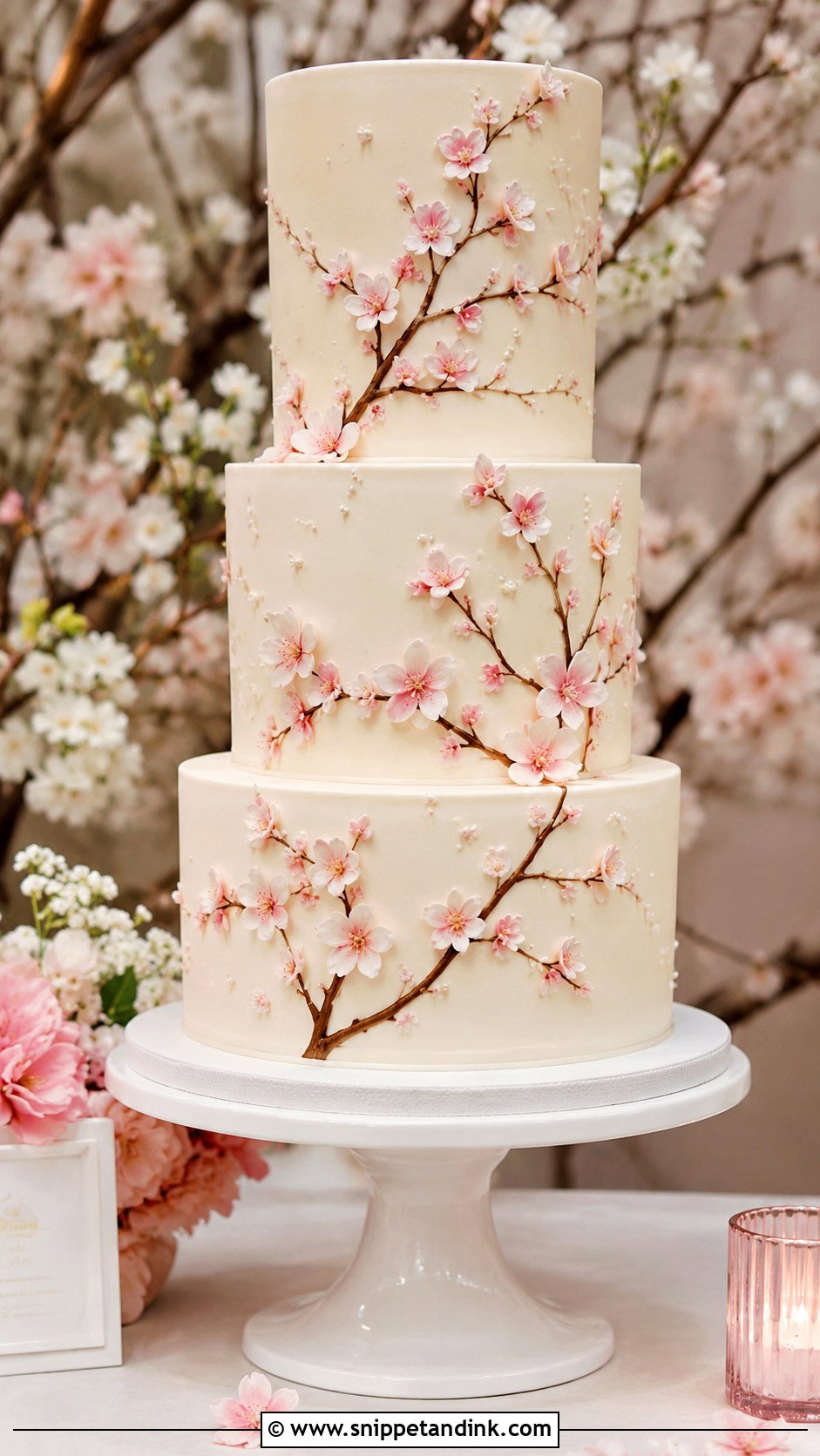 Pink And White Cherry Blossom Wedding Cake - Snippet and Ink - 20 Pink and White Cake Ideas for Wedding