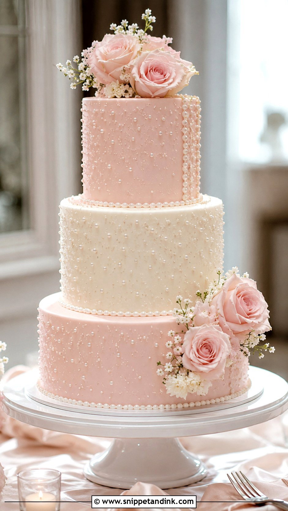 Pink And White Pearl Wedding Cake - Snippet and Ink - 20 Pink and White Wedding Cakes