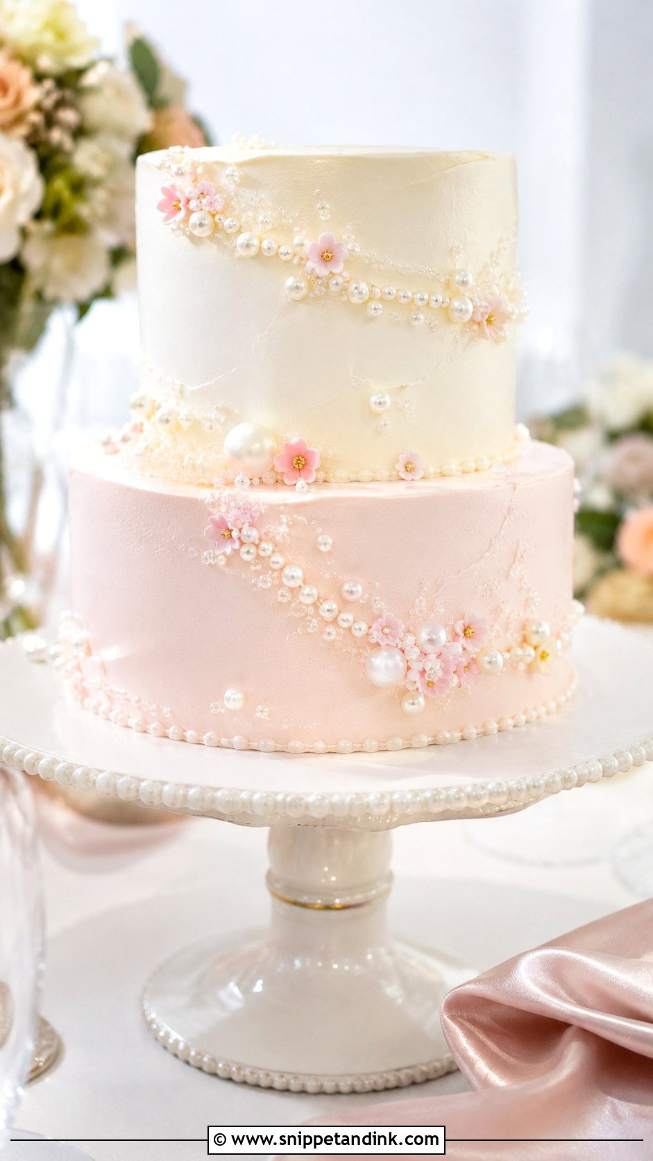 Pink And White Pearl Wedding Cake - Snippet and Ink - 20 Pink and White Cake Ideas for Wedding
