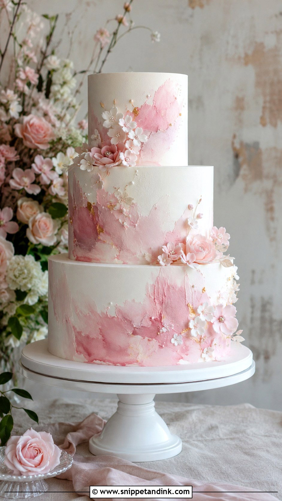 Pink And White Watercolor Wedding Cake - Snippet and Ink - 20 Pink and White Wedding Cakes