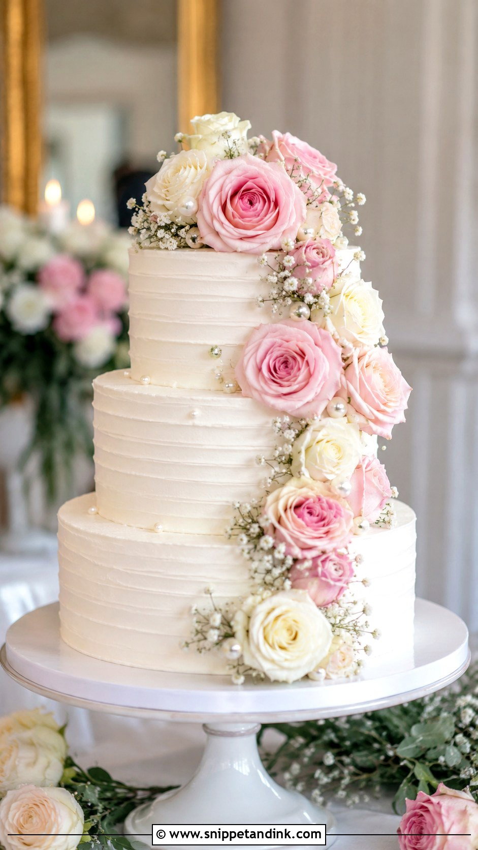 Pink And White Wedding Cake With Fresh Roses - Snippet and Ink - 20 Pink and White Wedding Cakes