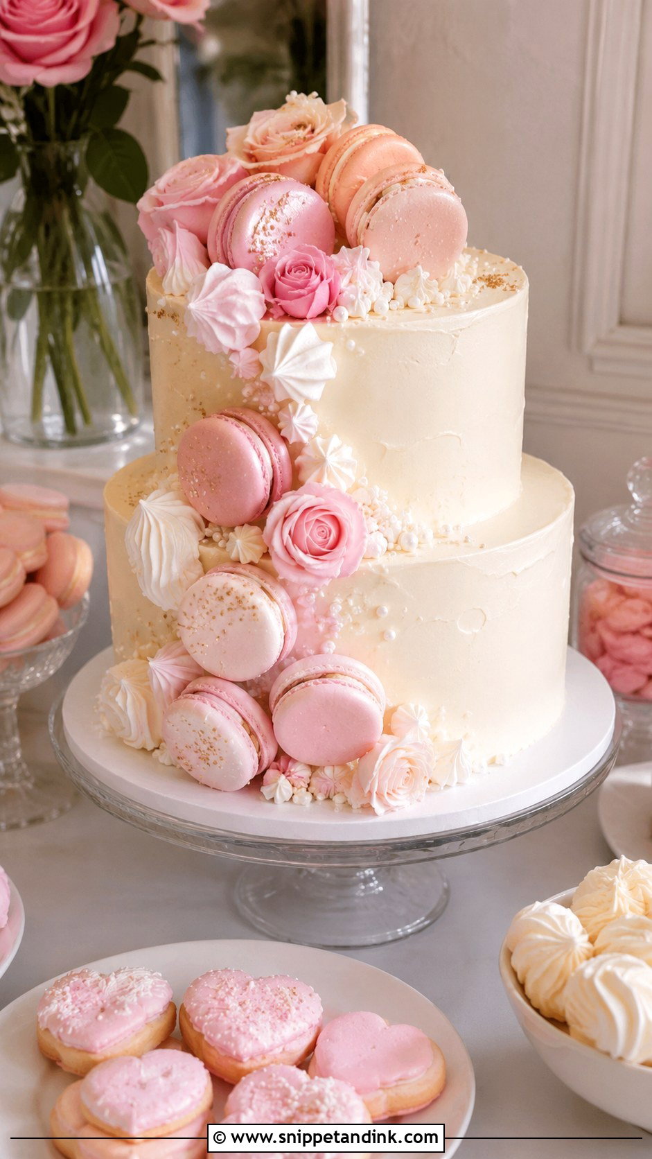 Pink And White Wedding Cake With Macarons - Snippet and Ink - 20 Pink and White Wedding Cakes