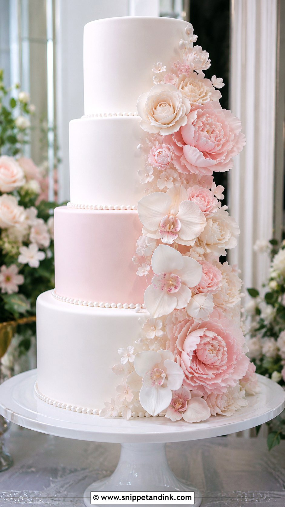 Pink And White Wedding Cake With Sugar Flowers - Snippet and Ink - 20 Pink and White Wedding Cakes