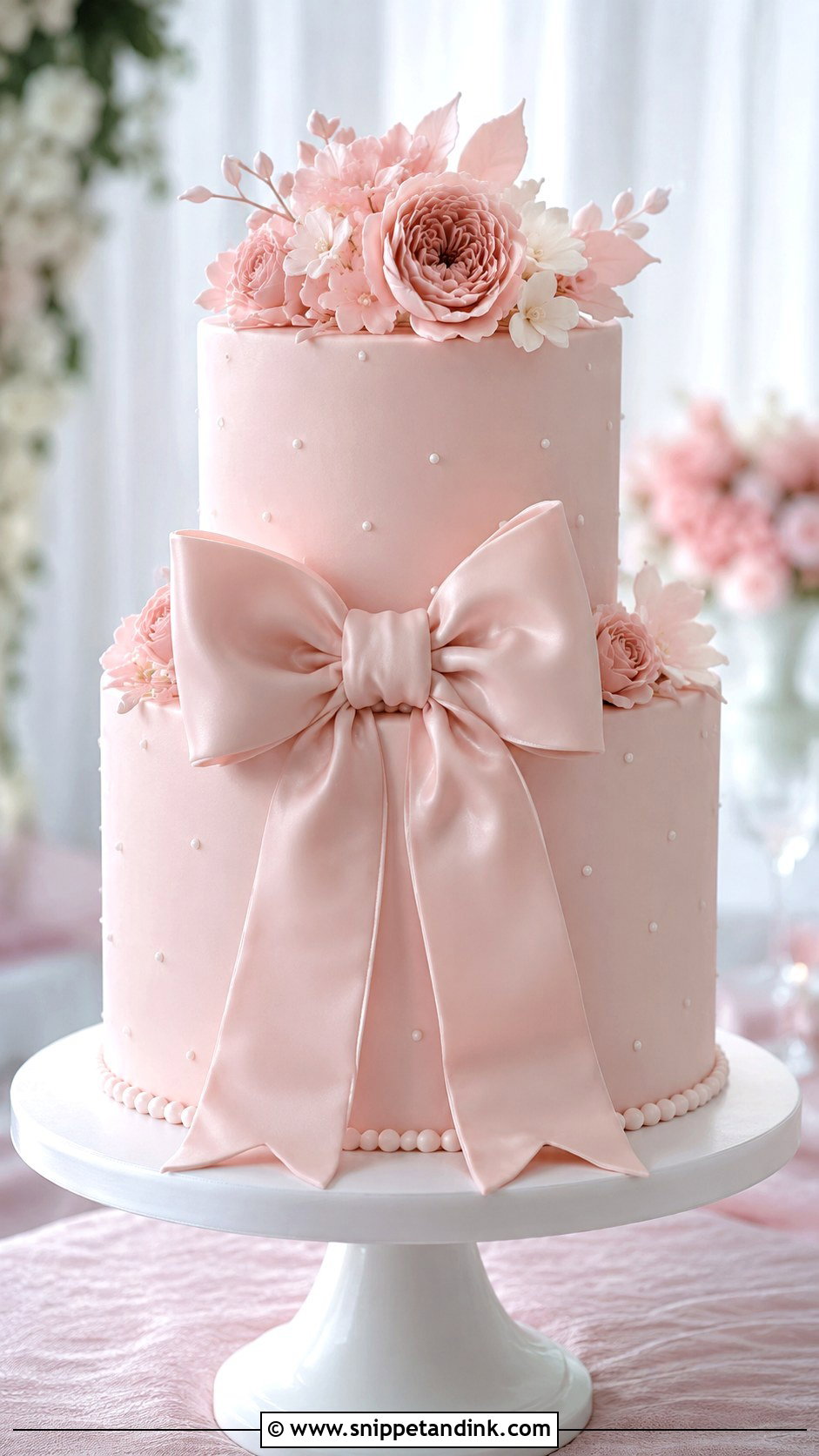 Pink Bow Wedding Cake - Snippet and Ink - 25 Pink Themed Wedding Cake Ideas