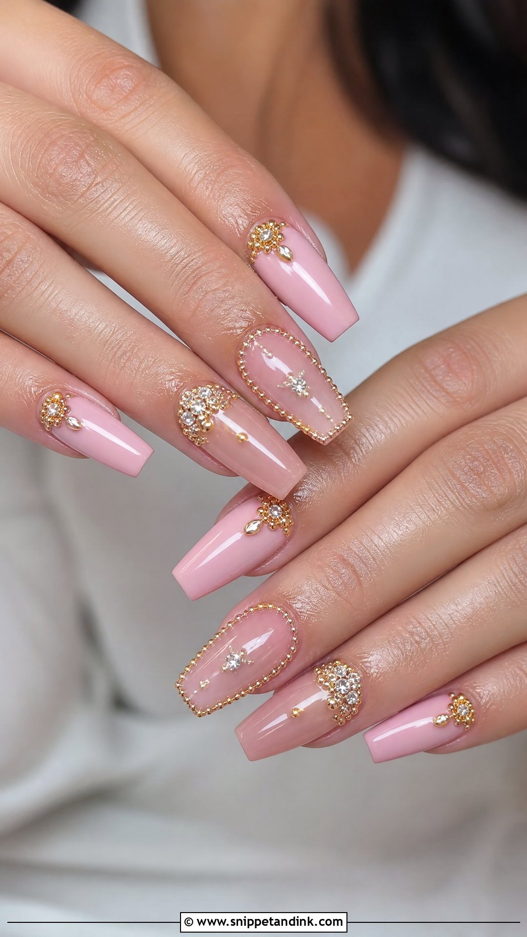 Pink Bridal Nails With Gold Beads - Snippet and Ink - 25 Indian Pink Bridal Nail Art Ideas