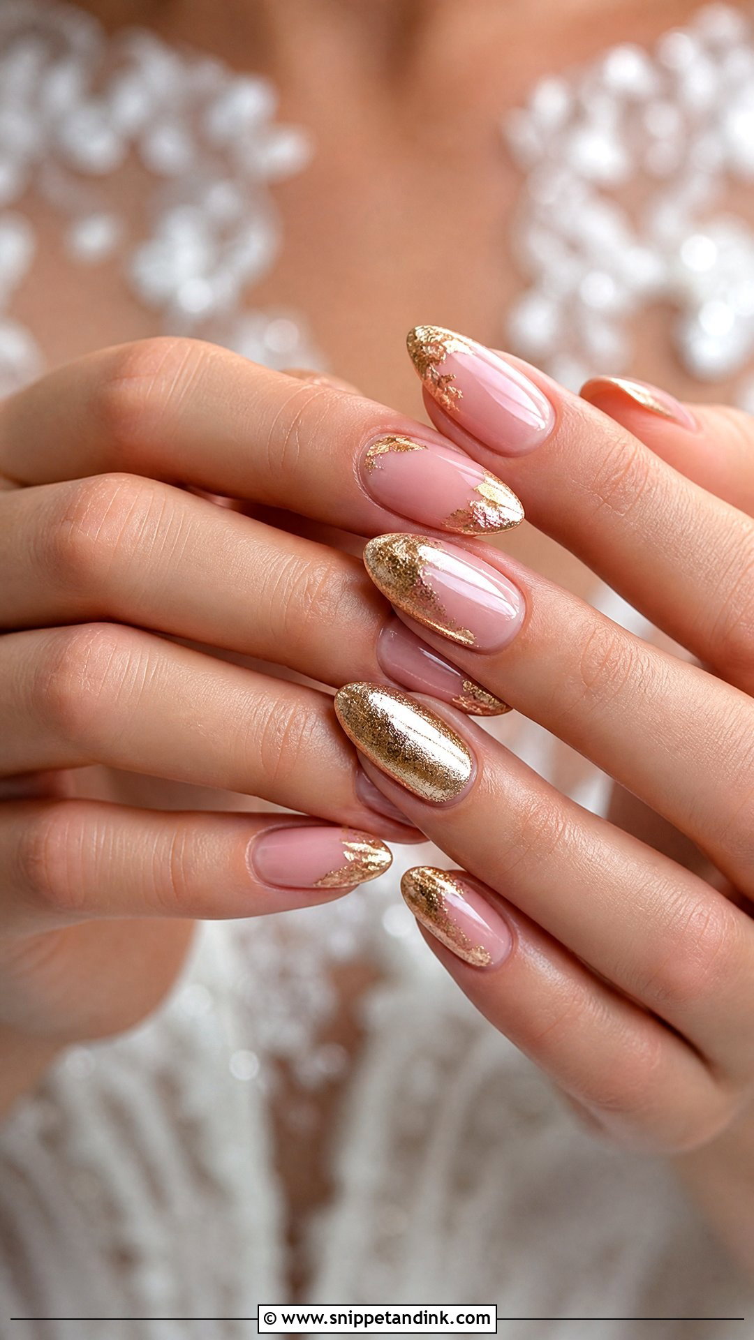 Pink Bridal Nails With Gold Foil - Snippet and Ink - 25 Indian Pink Bridal Nail Art Ideas