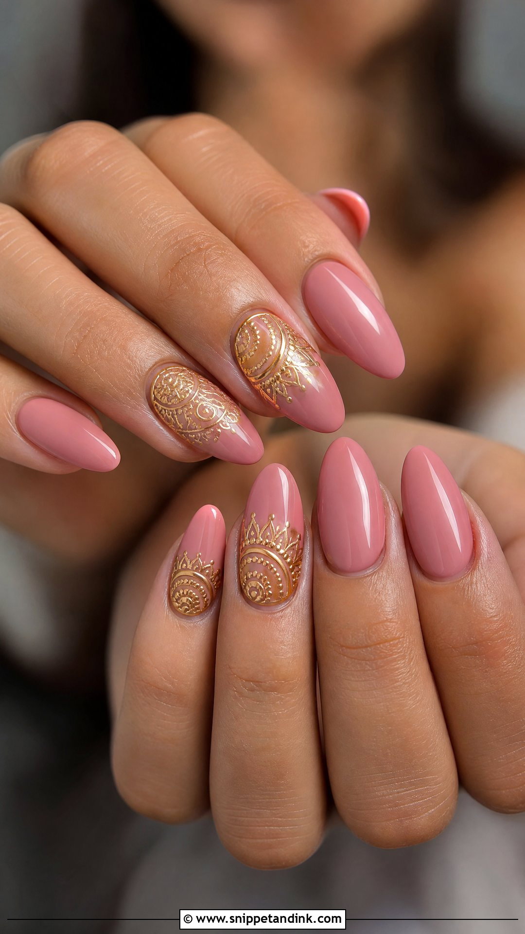 Pink Bridal Nails With Gold Mandala Art - Snippet and Ink - 25 Indian Pink Bridal Nail Art Ideas