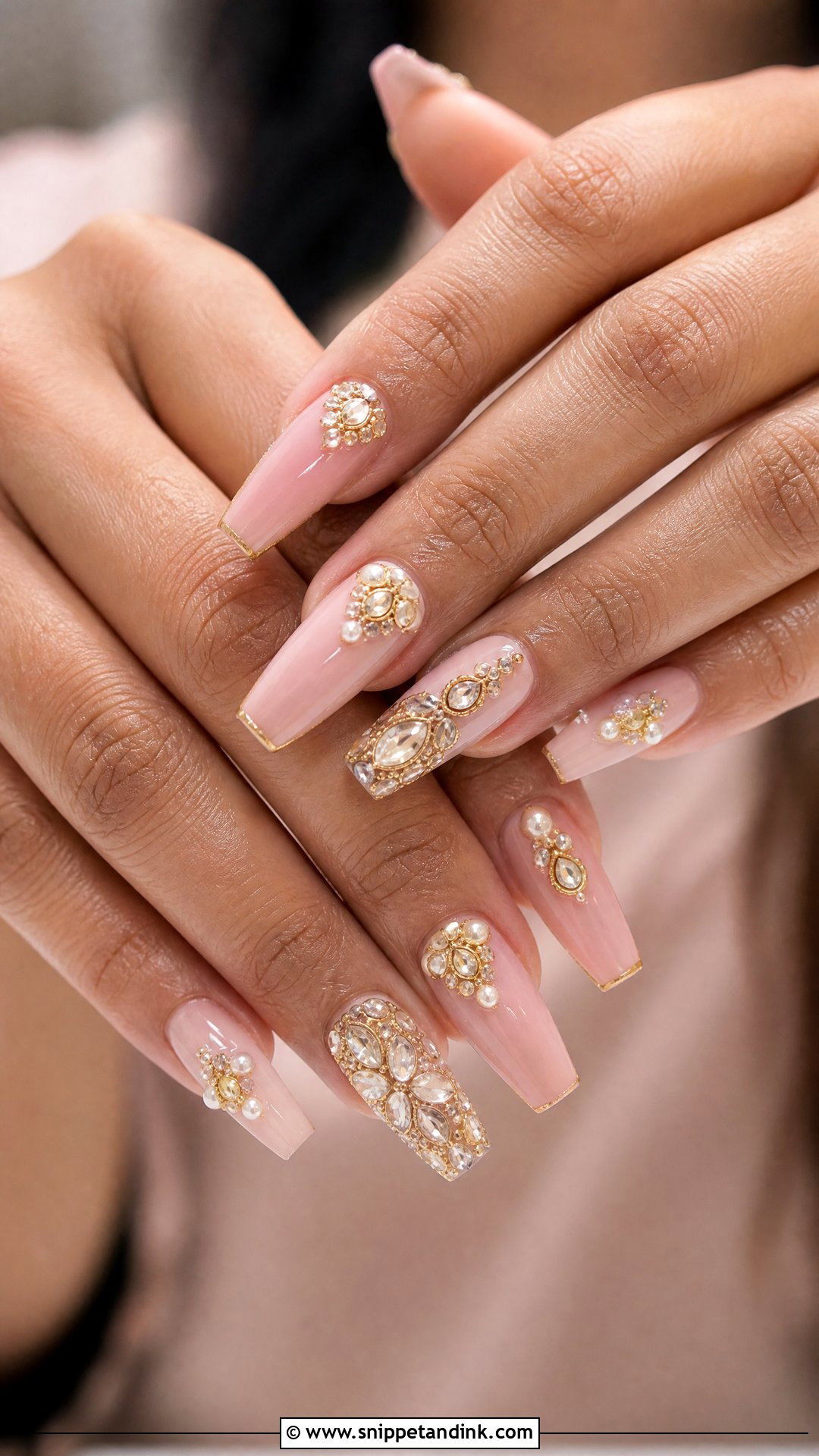 Pink Bridal Nails With Kundan Details - Snippet and Ink - 25 Indian Pink Bridal Nail Art Ideas