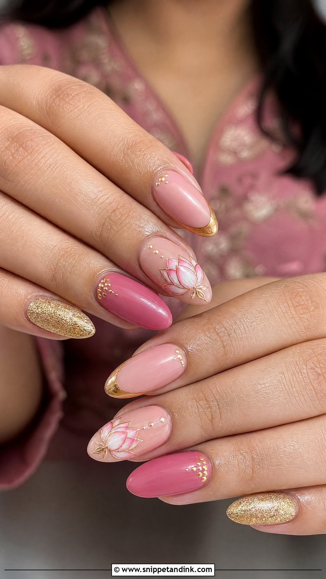 Pink Bridal Nails With Lotus Art - Snippet and Ink - 25 Indian Pink Bridal Nail Art Ideas