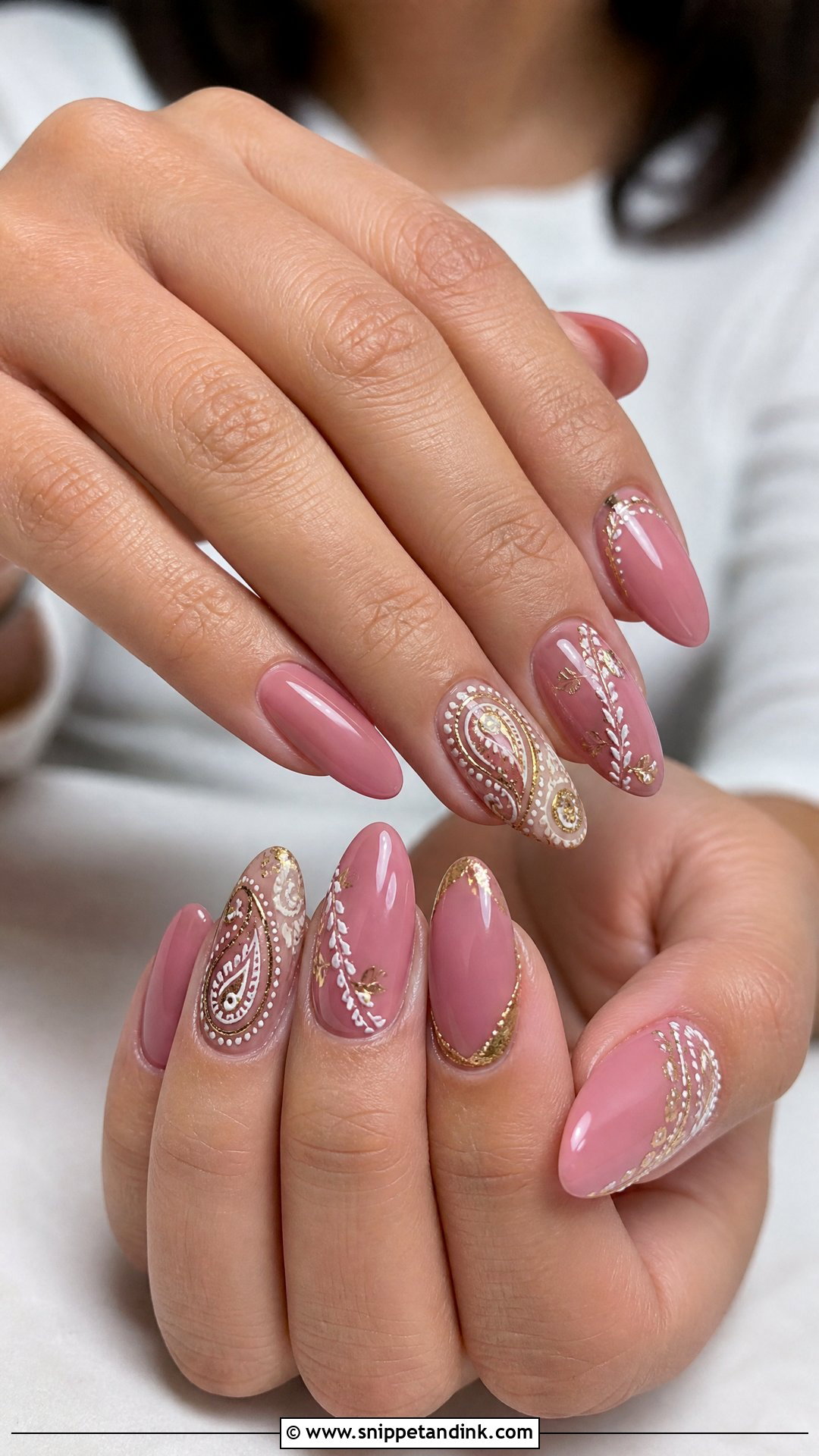 Pink Bridal Nails With Paisley Art - Snippet and Ink - 25 Indian Pink Bridal Nail Art Ideas