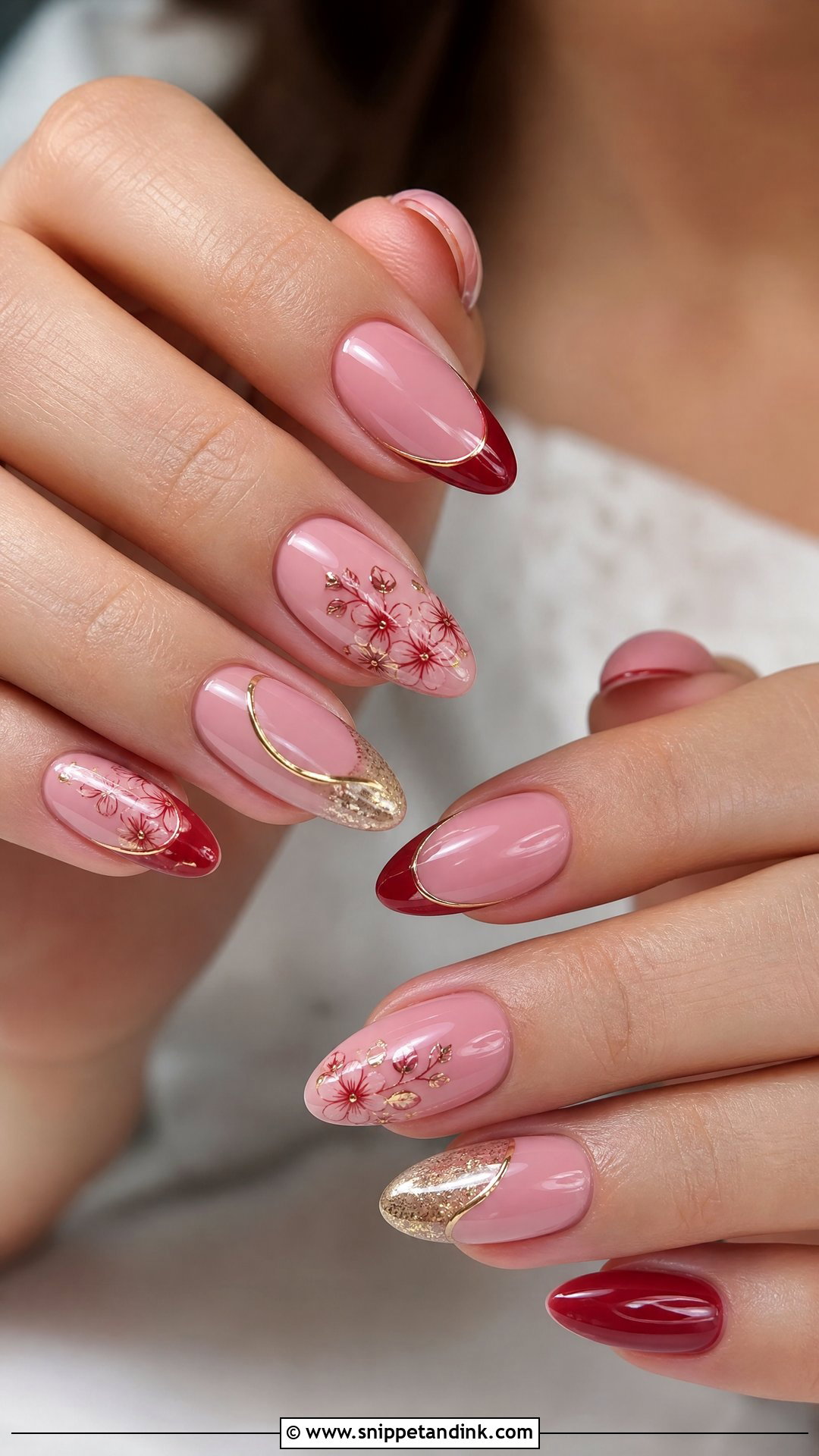 Pink Bridal Nails With Red Accents - Snippet and Ink - 25 Indian Pink Bridal Nail Art Ideas